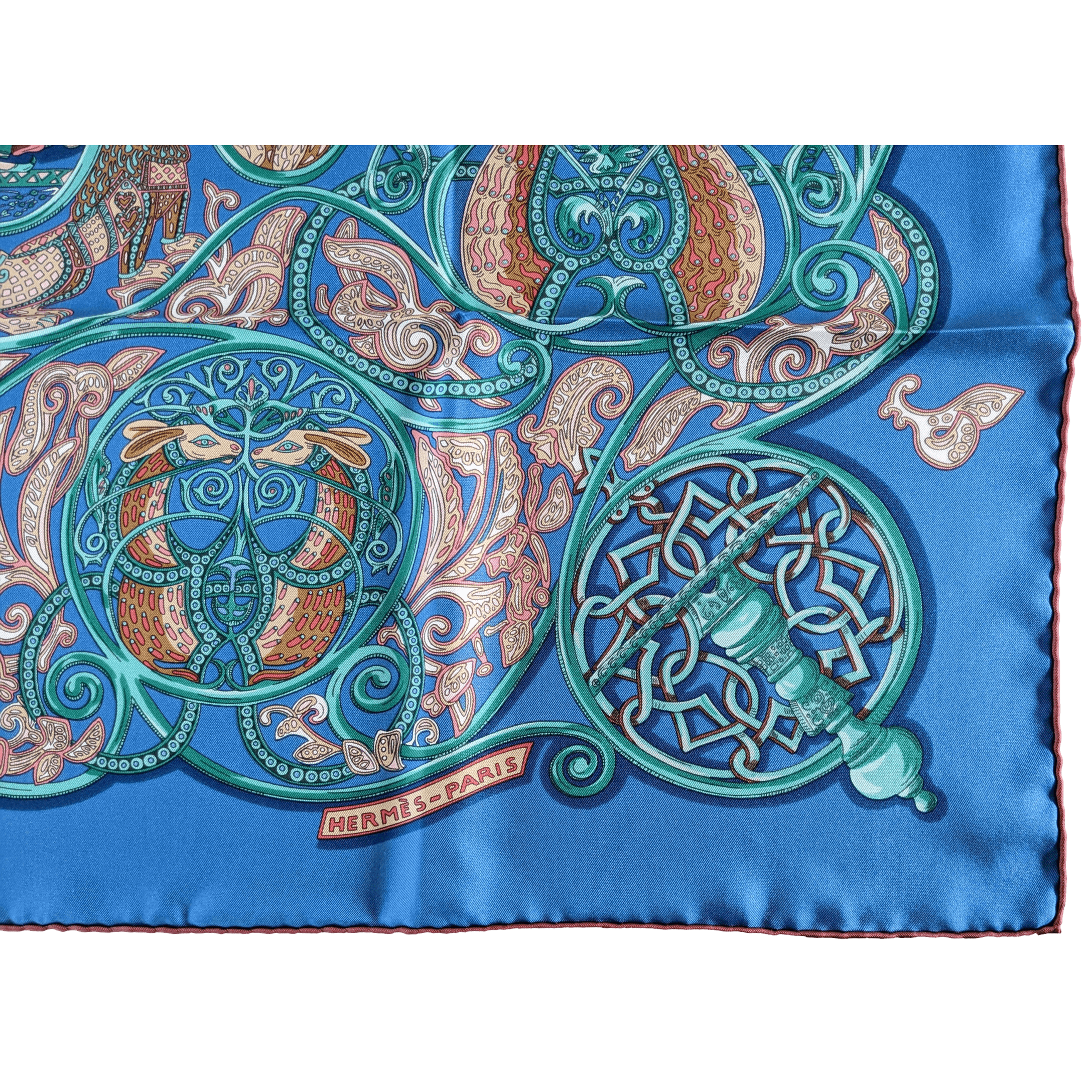 HERMES 2010 Blue La Charmante aux Animaux by Annie Faivre Twill Silk Scarf 90 x 90 cm