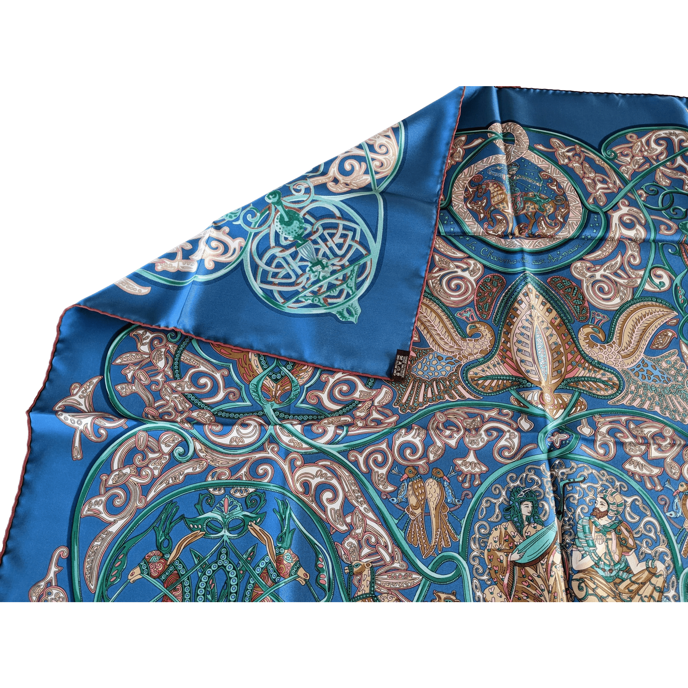 HERMES 2010 Blue La Charmante aux Animaux by Annie Faivre Twill Silk Scarf 90 x 90 cm