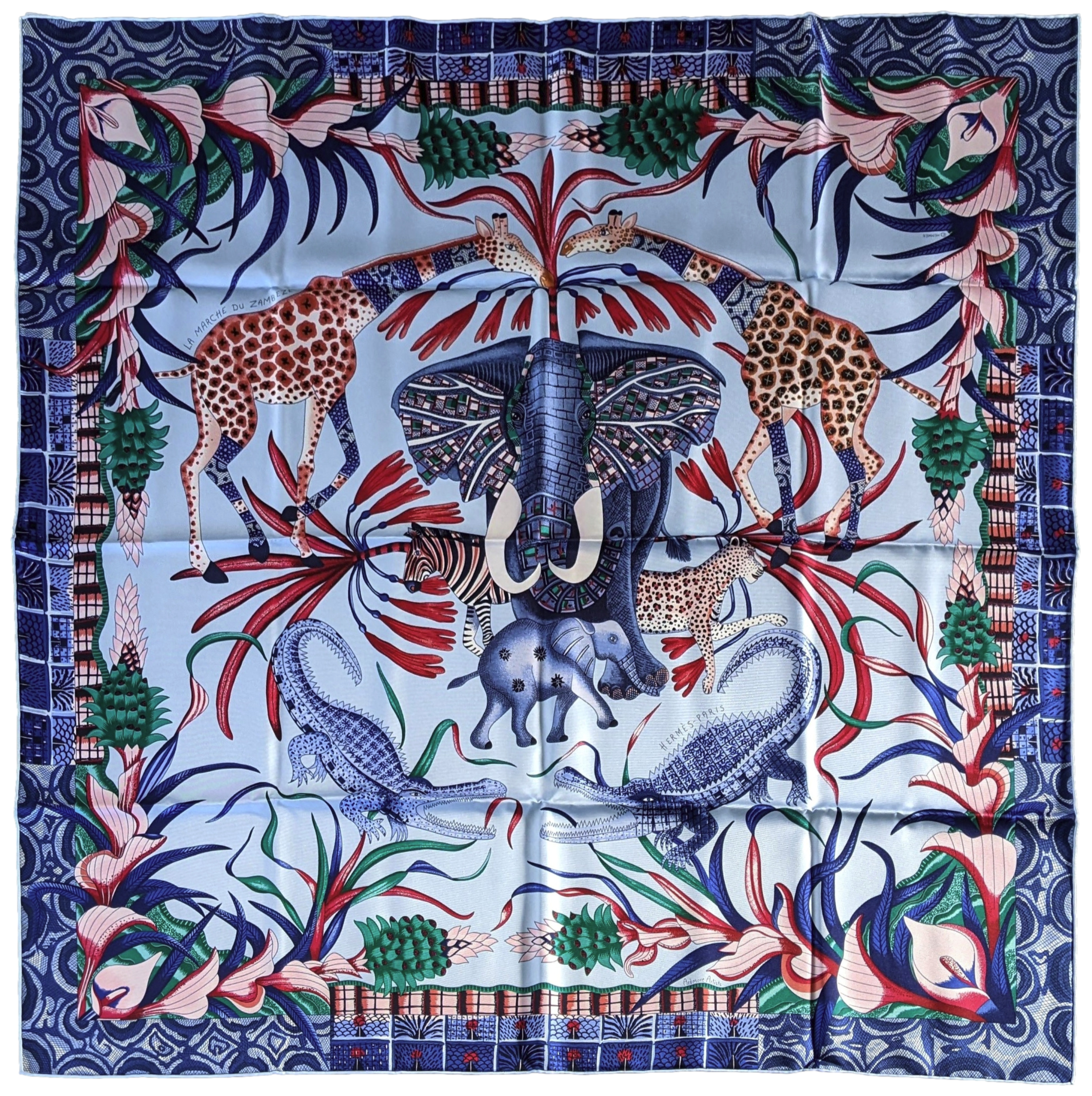 Produits Hermes Bleu Ciel/Bleu Jean " La Marche du Zambeze " by Ardmore Artists Twill 90cm,