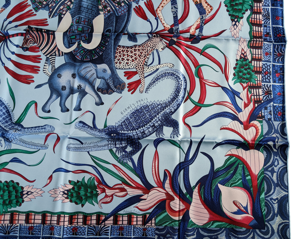 Produits Hermes Bleu Ciel/Bleu Jean " La Marche du Zambeze " by Ardmore Artists Twill 90cm,