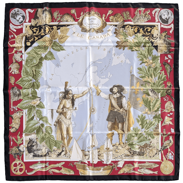 HERMES Black Border Le Canada by Kermit Oliver Twill Scarf 90 x 90 cm