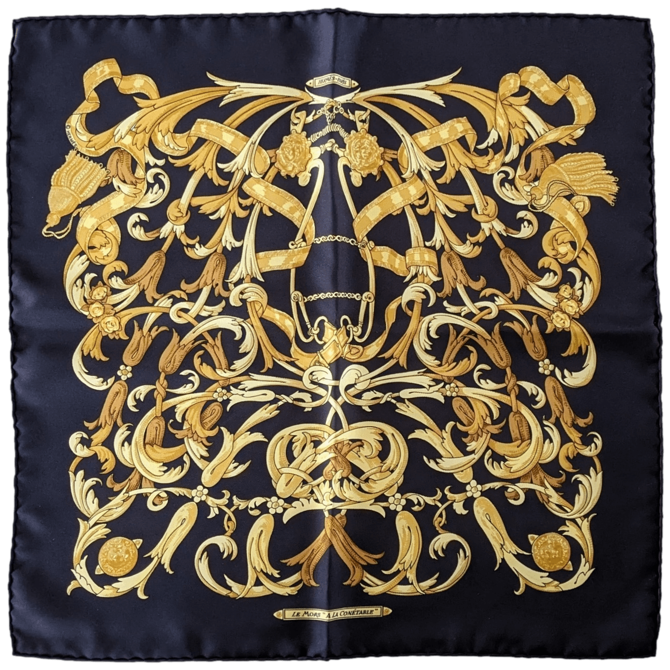 HERMES Black/Gold Le Mors a la Connetable Twill Silk Gavroche 45 x 45 cm