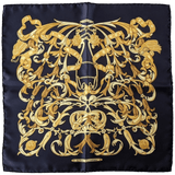 HERMES Black/Gold Le Mors a la Connetable Twill Silk Gavroche 45 x 45 cm