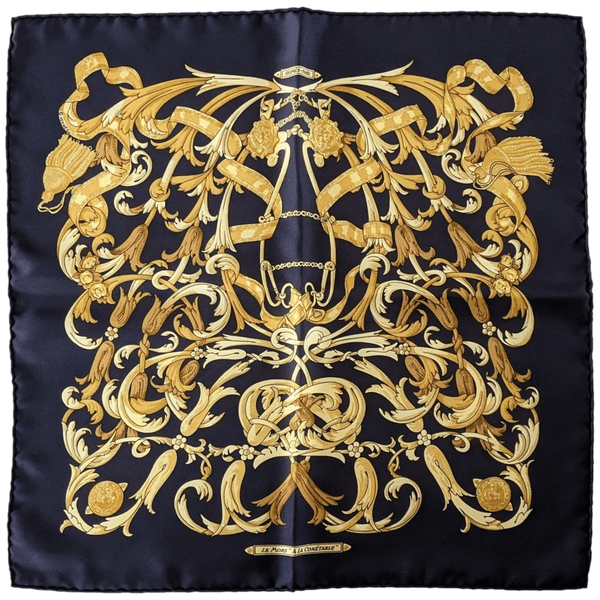 HERMES Black/Gold Le Mors a la Connetable Twill Silk Gavroche 45 x 45 cm