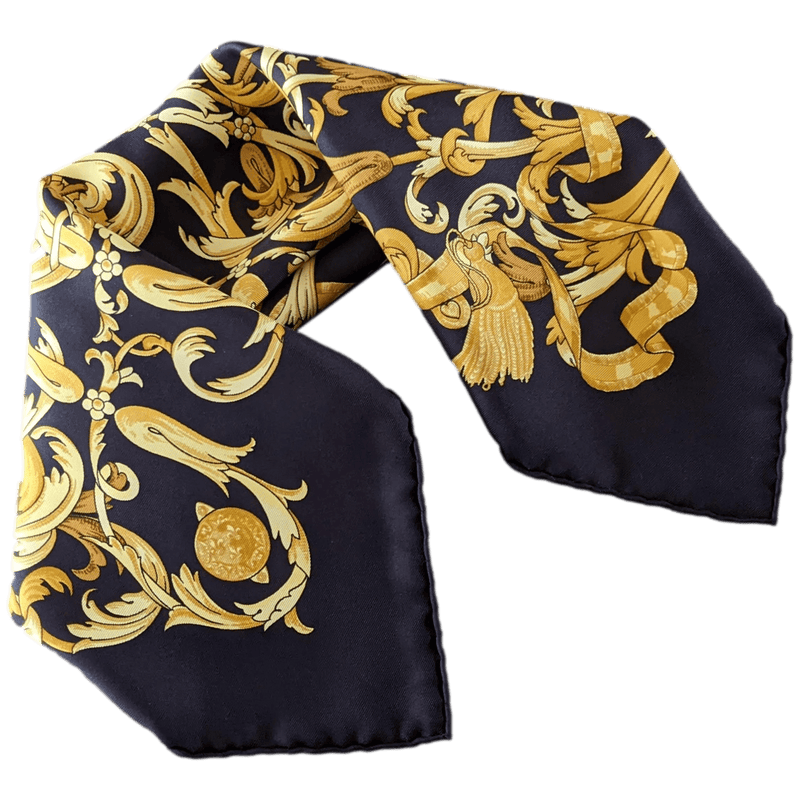 HERMES Black/Gold Le Mors a la Connetable Twill Silk Gavroche 45 x 45 cm