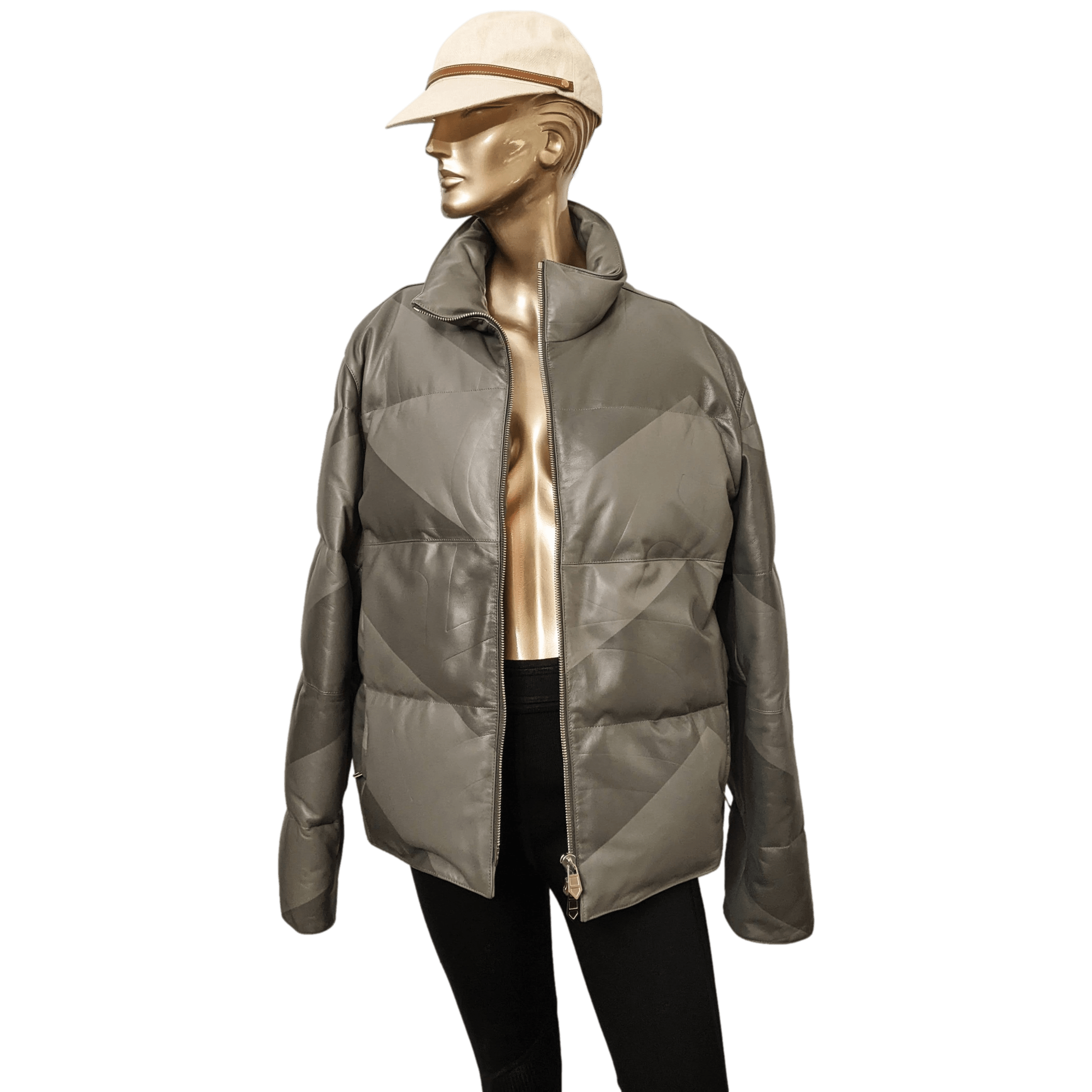 HERMES LEATHER DOWN DOUDOUNE Green-Grey Duck Lambskin Jacket SZ50 