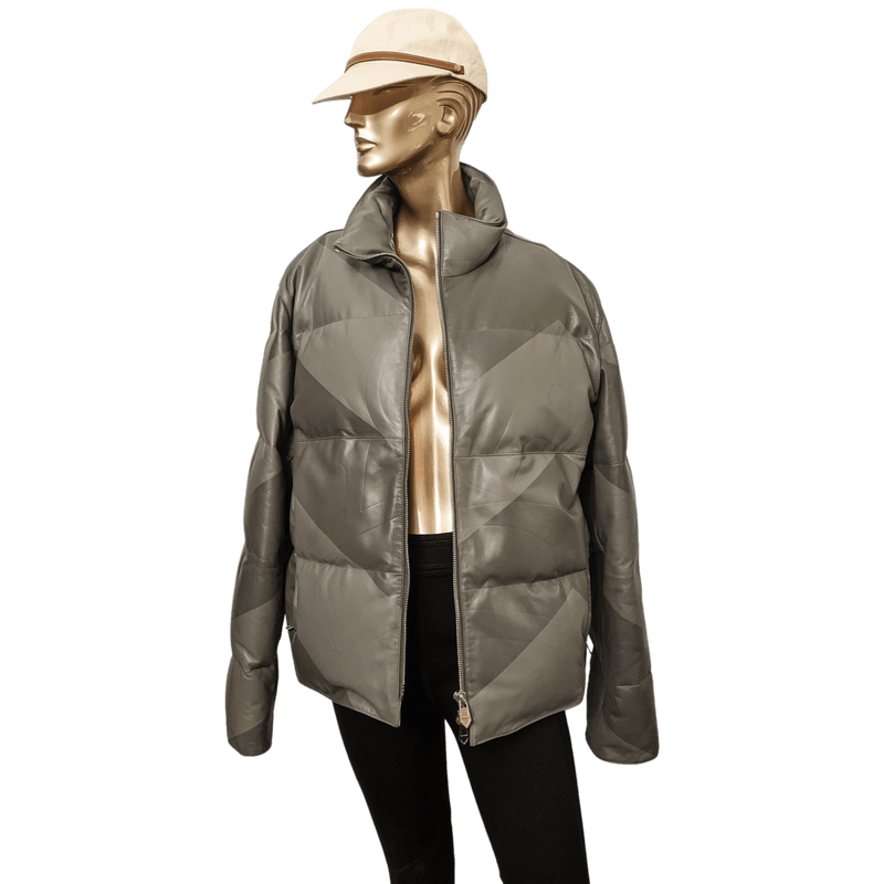 HERMES LEATHER DOWN DOUDOUNE 2022 F W Men s Green Grey Duck Lambskin Jacket SZ50 RARE New poupishop