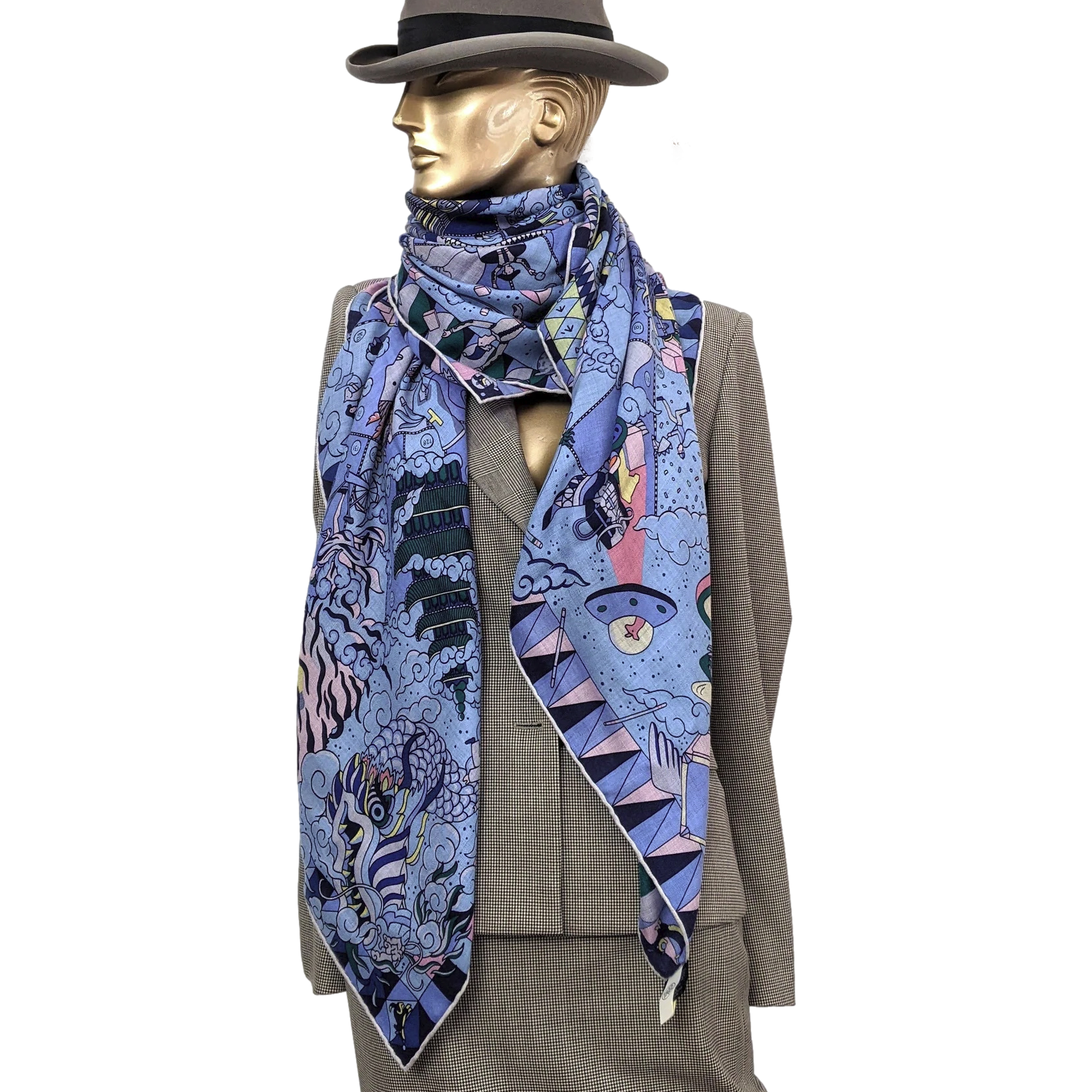 Hermes [C211] Bleu Ciel/Rose Pale "L'Epopee d'Hermes" by Jan Bajtlik Cashmere 140 cm