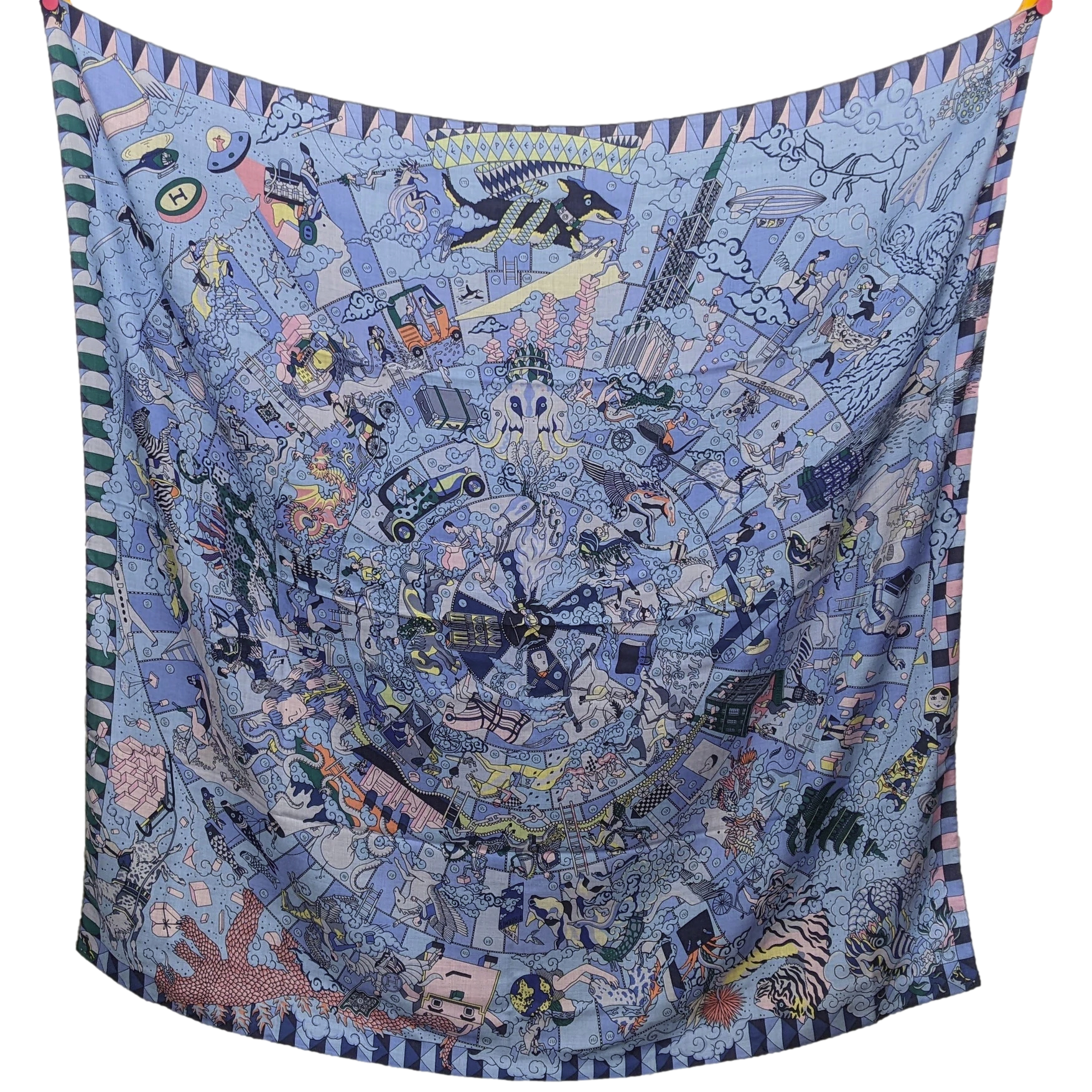 Hermes [C211] Bleu Ciel/Rose Pale "L'Epopee d'Hermes" by Jan Bajtlik Cashmere 140 cm
