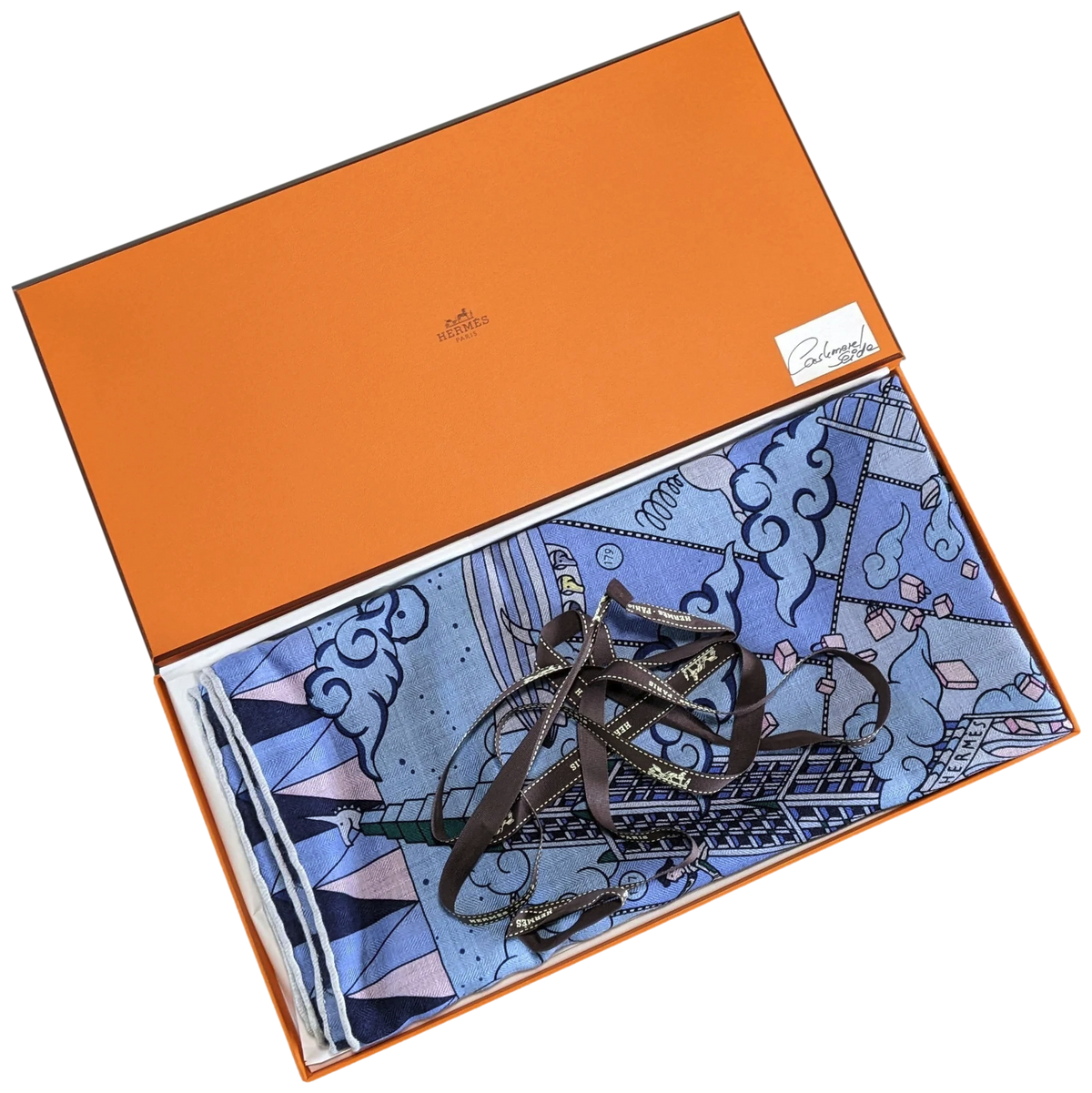 Hermes [C211] Bleu Ciel/Rose Pale "L'Epopee d'Hermes" by Jan Bajtlik Cashmere 140 cm