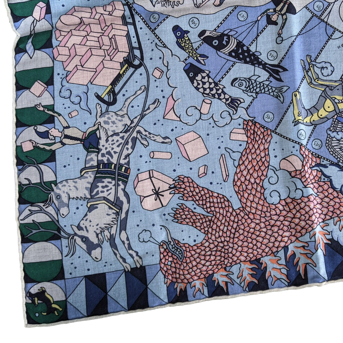 Hermes [C211] Bleu Ciel/Rose Pale "L'Epopee d'Hermes" by Jan Bajtlik Cashmere 140 cm