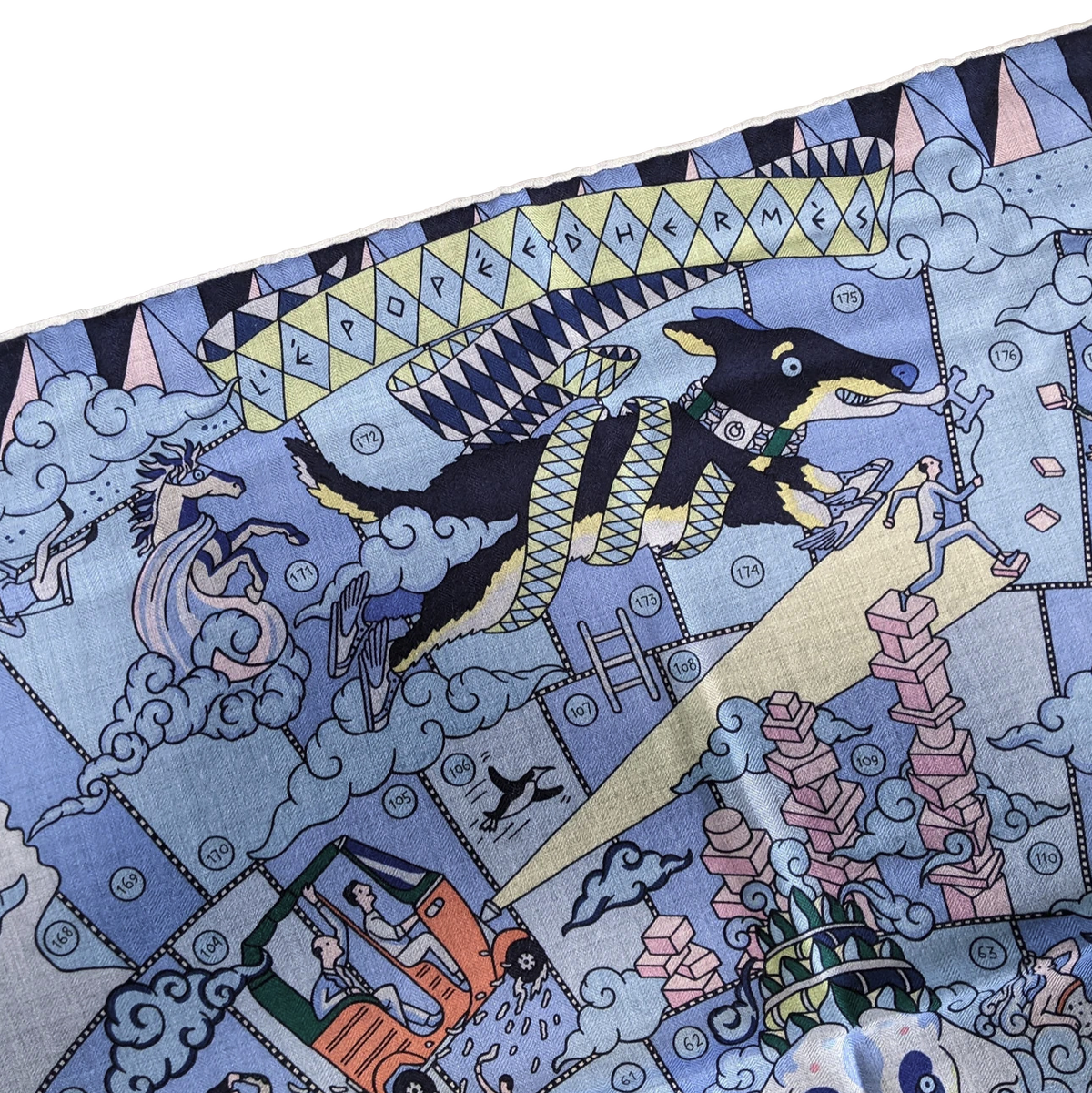 Hermes [C211] Bleu Ciel/Rose Pale "L'Epopee d'Hermes" by Jan Bajtlik Cashmere 140 cm