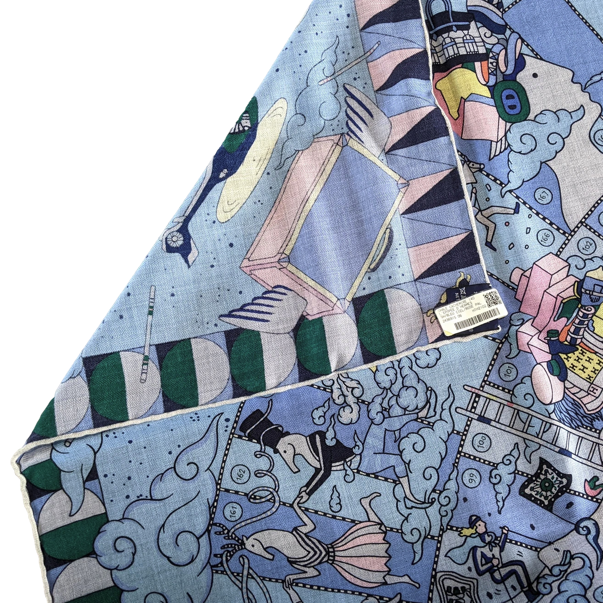 Hermes [C211] Bleu Ciel/Rose Pale "L'Epopee d'Hermes" by Jan Bajtlik Cashmere 140 cm