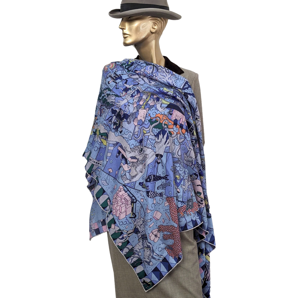 Hermes [C211] Bleu Ciel/Rose Pale "L'Epopee d'Hermes" by Jan Bajtlik Cashmere 140 cm