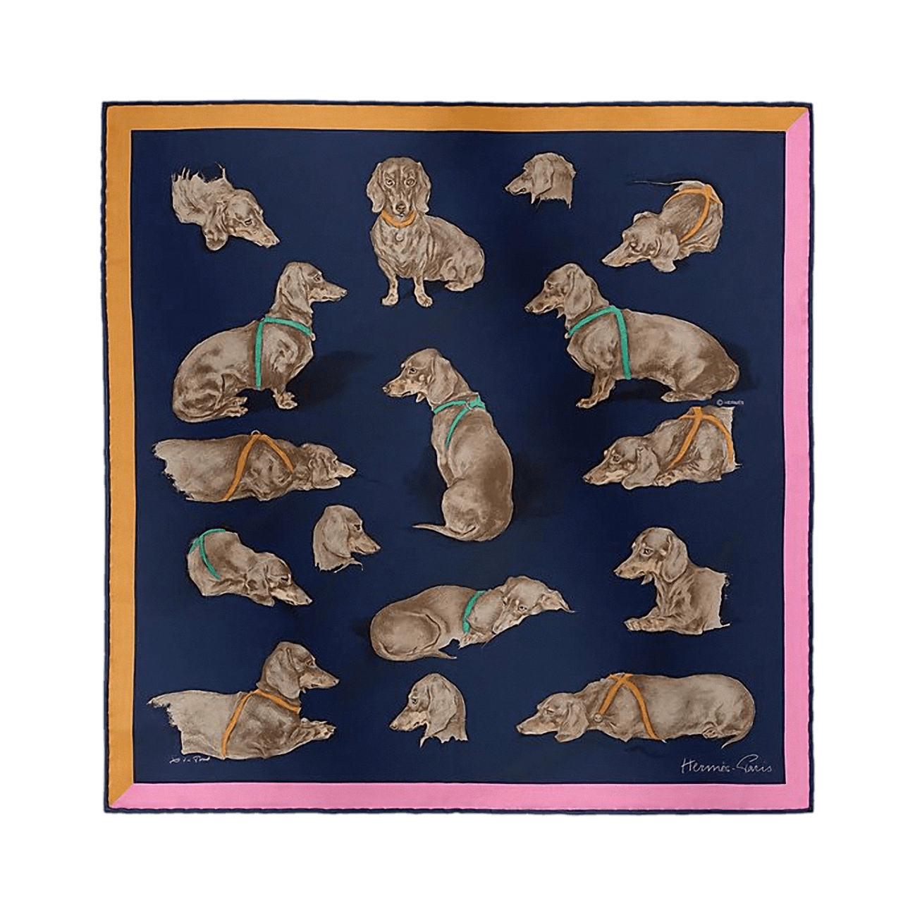 HERMES  Les Bassets Teckels Bassethound Gavroche Silk Scarf 45 x 45 cm