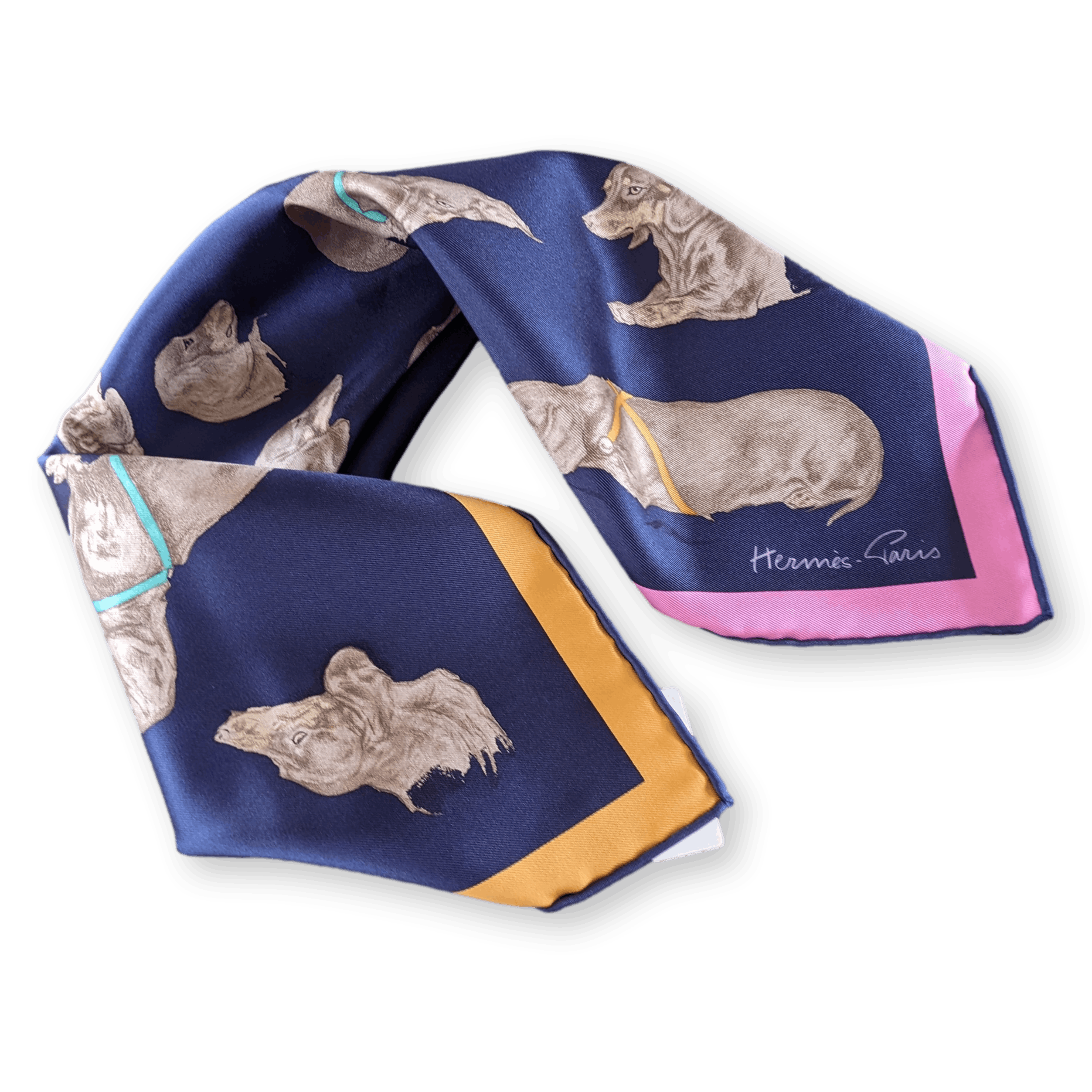 HERMES  Les Bassets Teckels Bassethound Gavroche Silk Scarf 45 x 45 cm