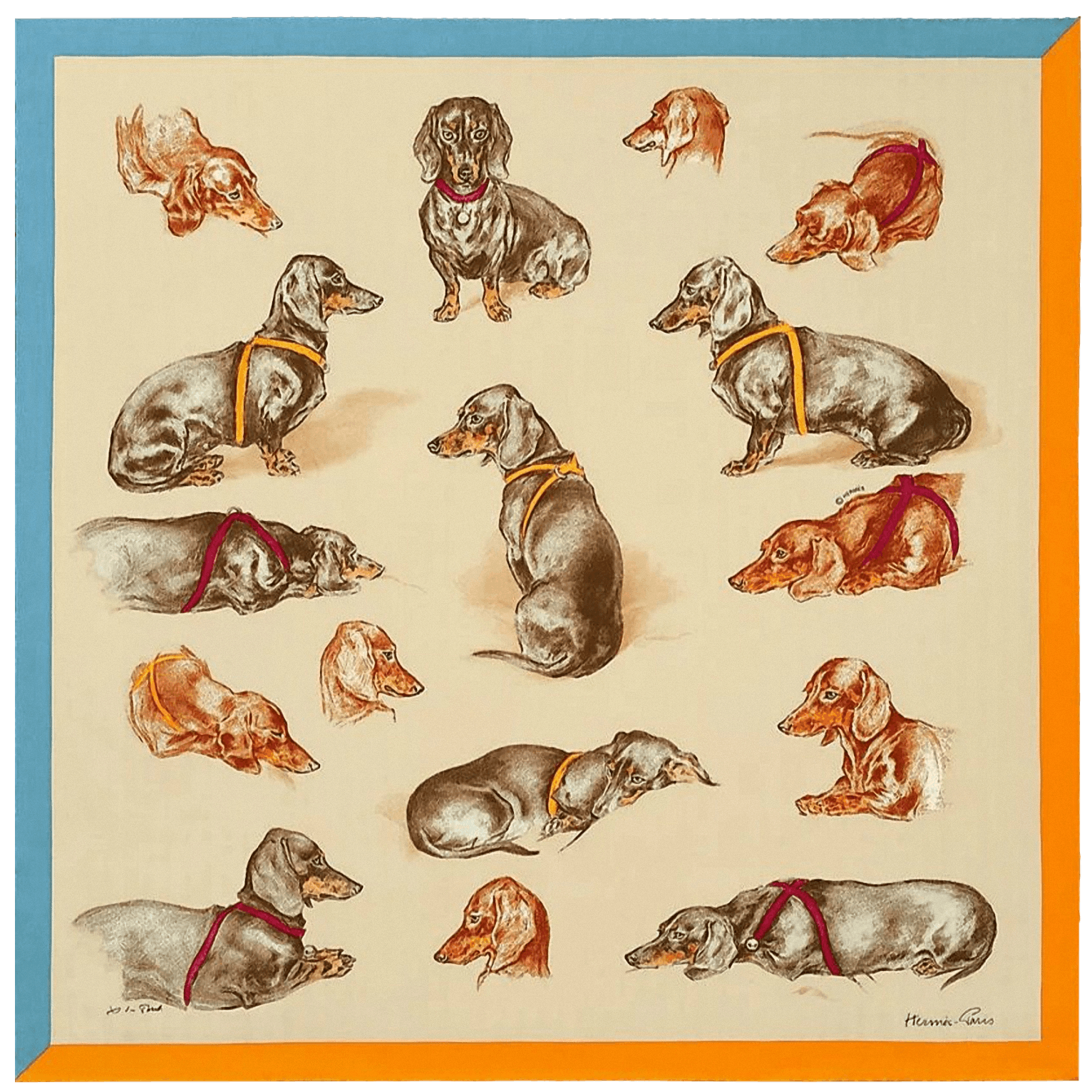 HERMES Les Bassets Silk Scarf 70 Beige Sepia Orange