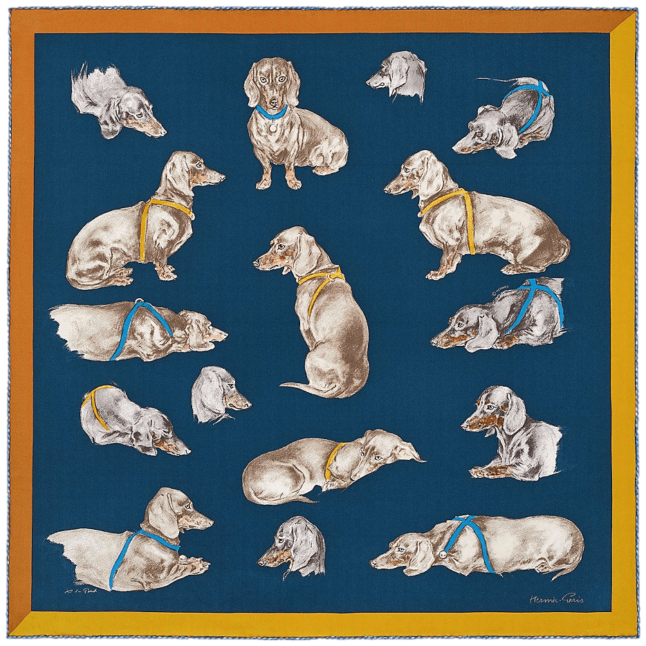 HERMES Les Bassets (Teckels, Dachshunds) by Xavier de Poret Vintage Silk Scarf 70 x 70 cm