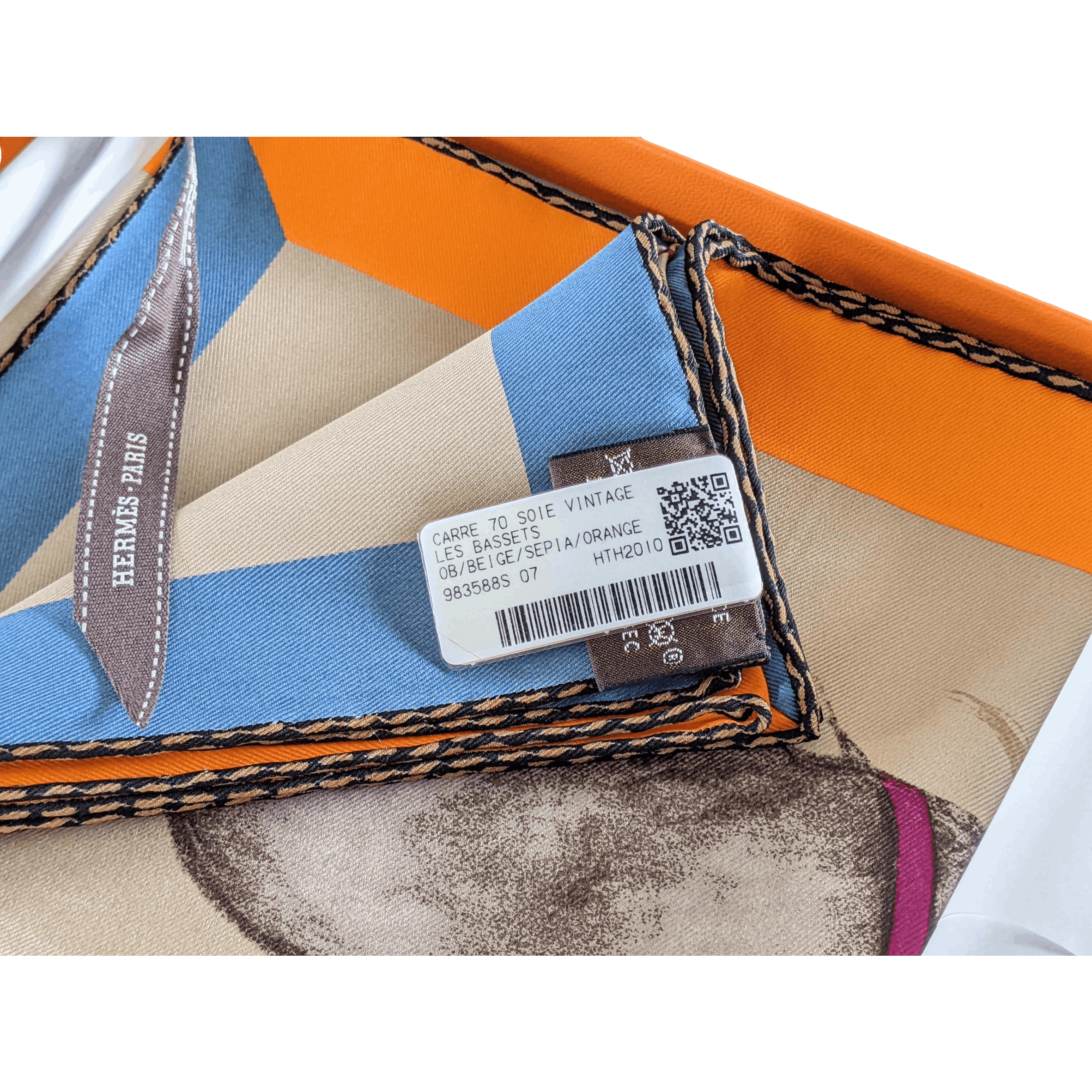 HERMES Les Bassets Silk Scarf 70 Beige Sepia Orange