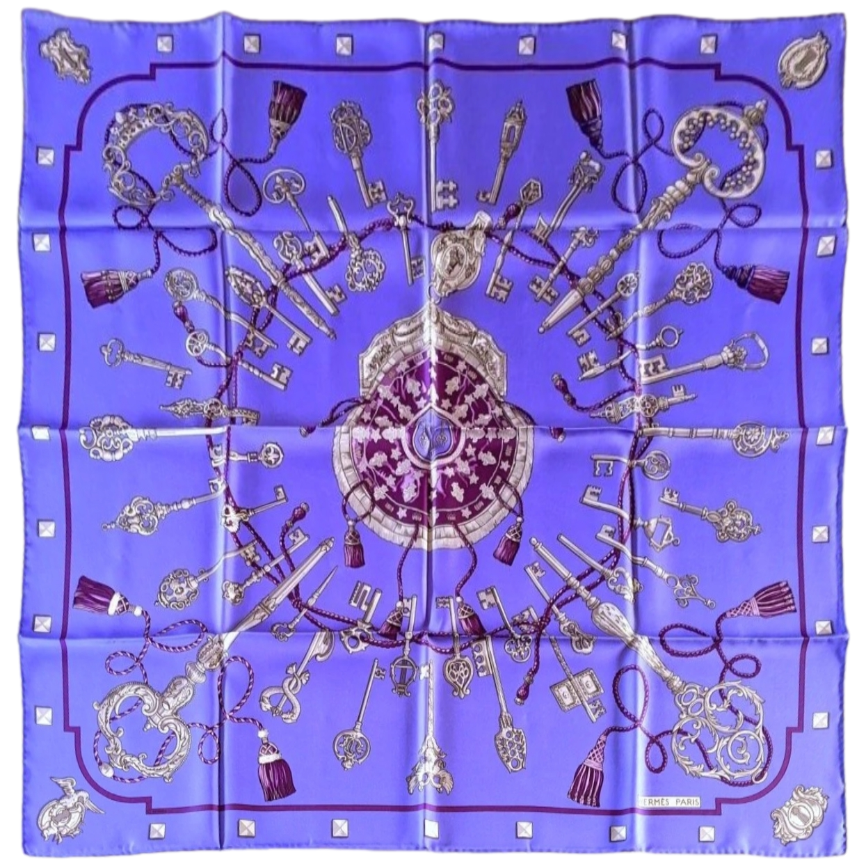Hermes 2008 Violet/Mauve/Gris LES CLES by Caty Latham with Blanc Matt Overprint Twill scarf