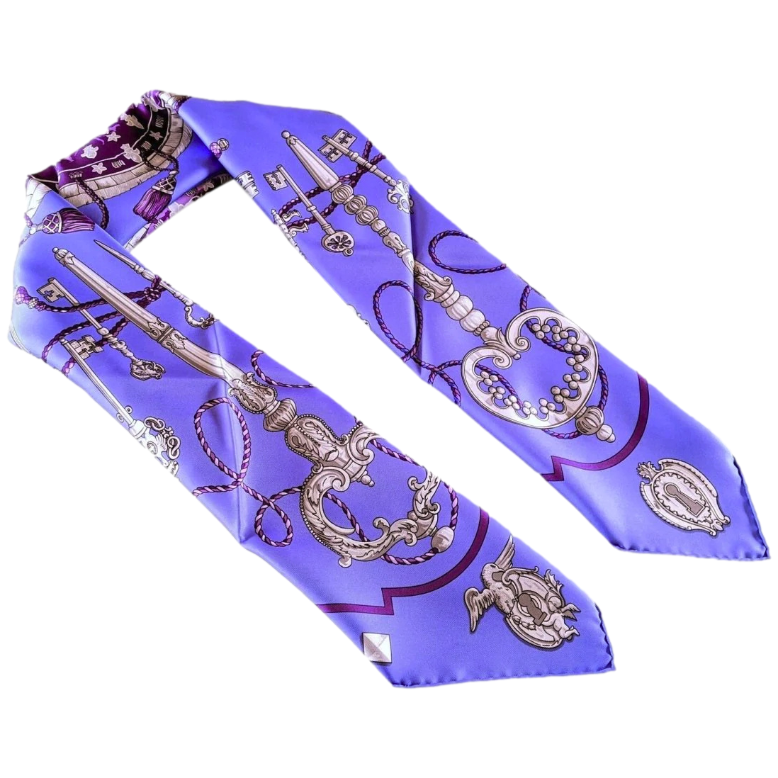 Hermes 2008 Violet/Mauve/Gris LES CLES by Caty Latham with Blanc Matt Overprint Twill scarf