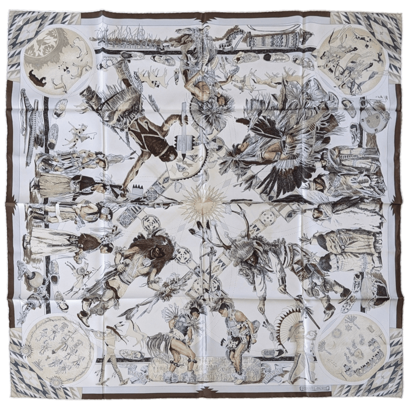 HERMES 1999 White Etoupe Les Danses des Indiens by Kermit Oliver Twill 90 x 90 cm