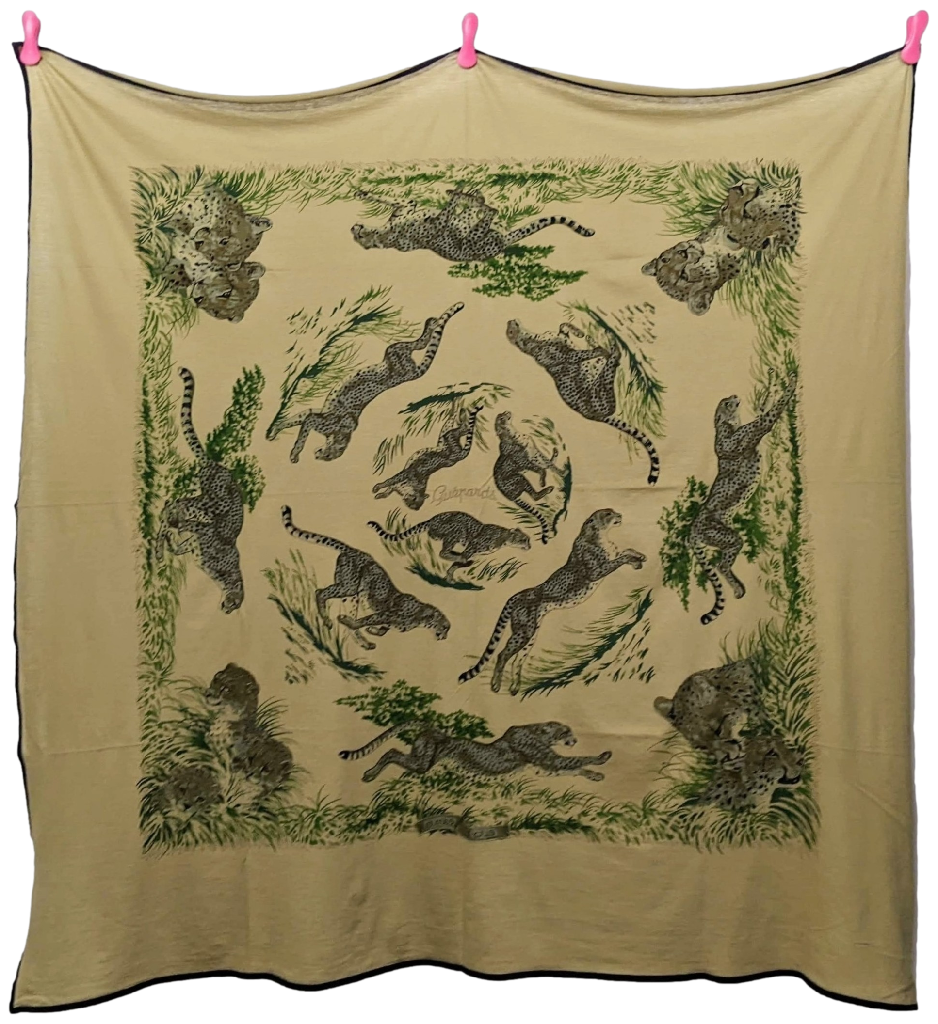 HERMES LES GUEPARDS 2011 Kaki/Black Tee-Shirt Cotton Carre Scarf 110 x 110 cm
