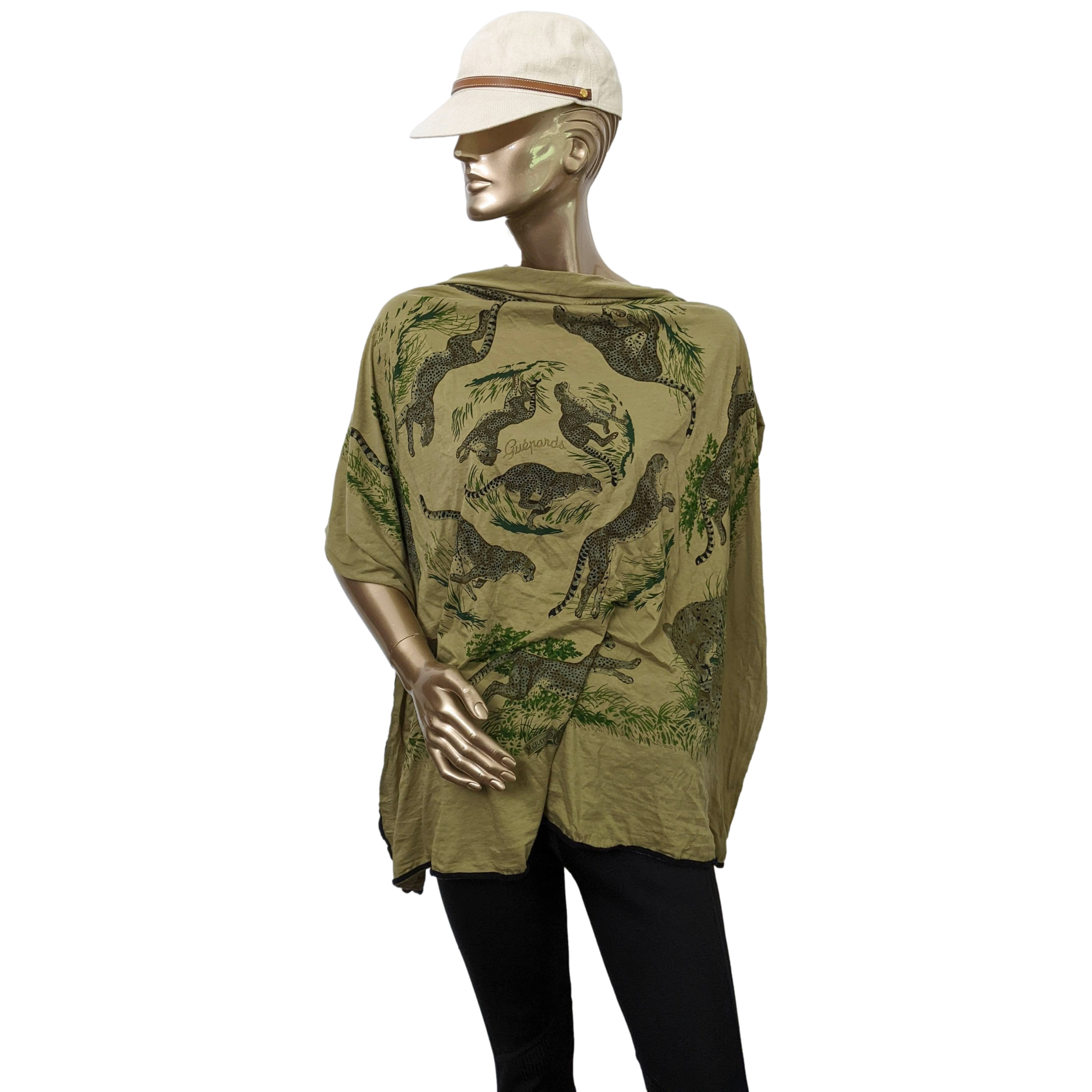 HERMES LES GUEPARDS 2011 Kaki/Black Tee-Shirt Cotton Carre Scarf 110 x 110 cm