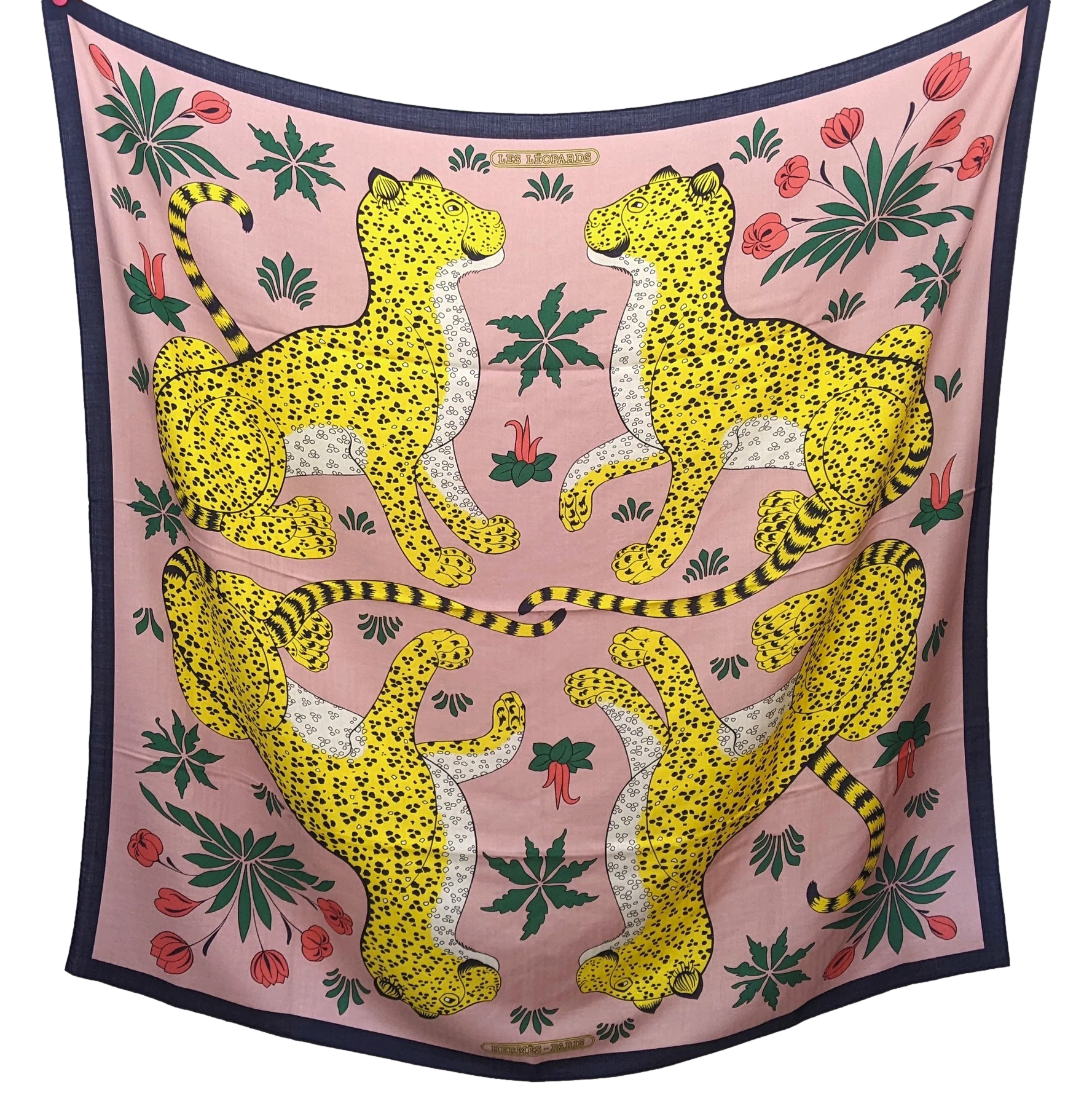 Produits Hermes [C212] Marine/Rose Buvard "Les Leopards" by Christiane Vauzelles Cashmere 140 cm
