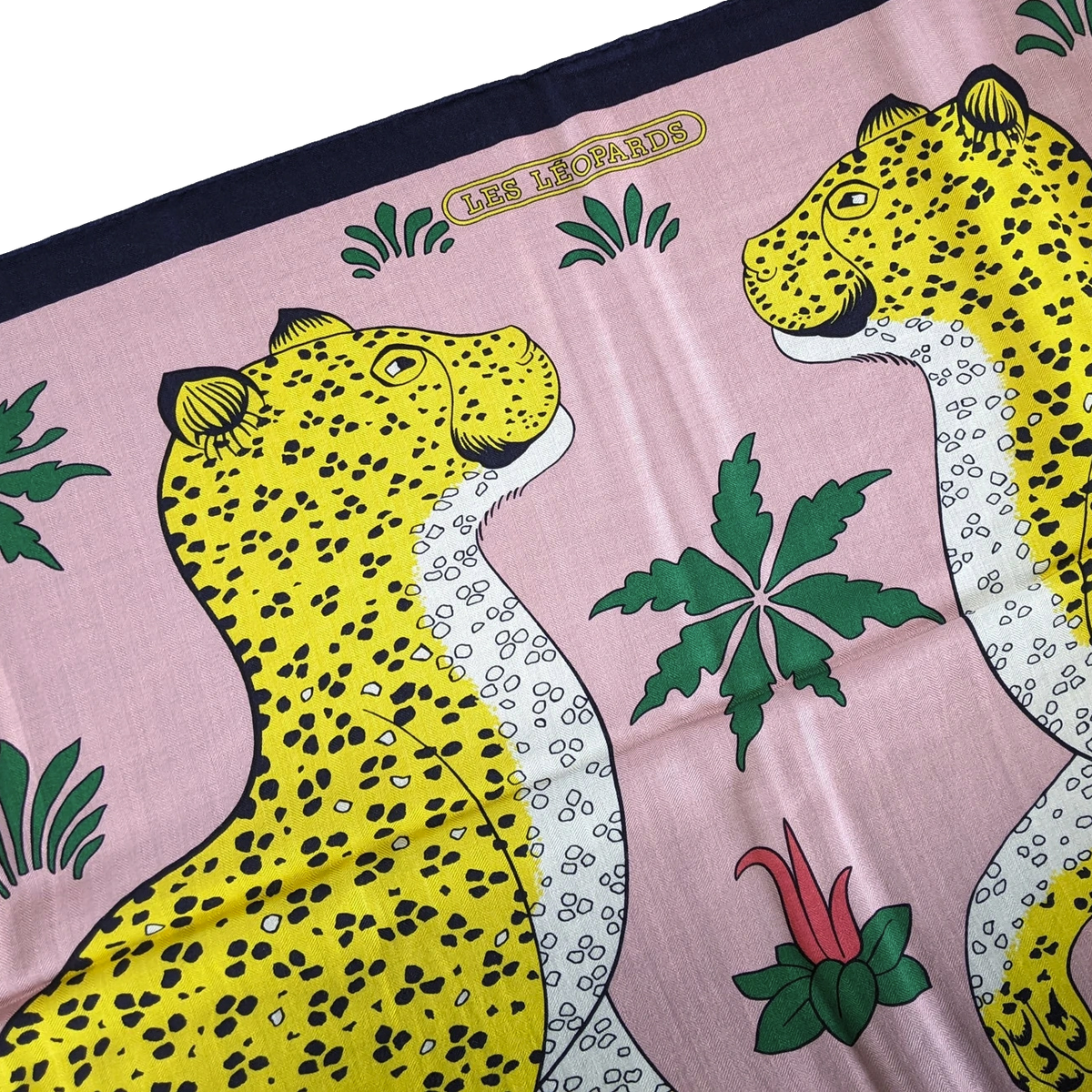 Produits Hermes [C212] Marine/Rose Buvard "Les Leopards" by Christiane Vauzelles Cashmere 140 cm