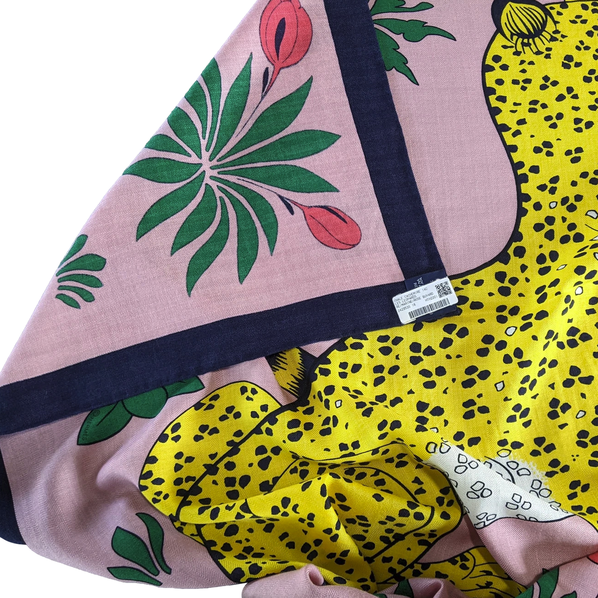 Produits Hermes [C212] Marine/Rose Buvard "Les Leopards" by Christiane Vauzelles Cashmere 140 cm