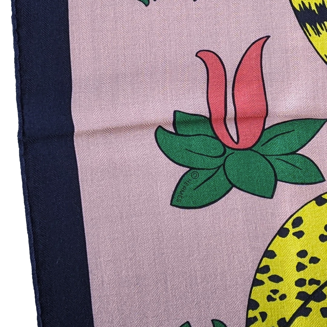 Produits Hermes [C212] Marine/Rose Buvard "Les Leopards" by Christiane Vauzelles Cashmere 140 cm