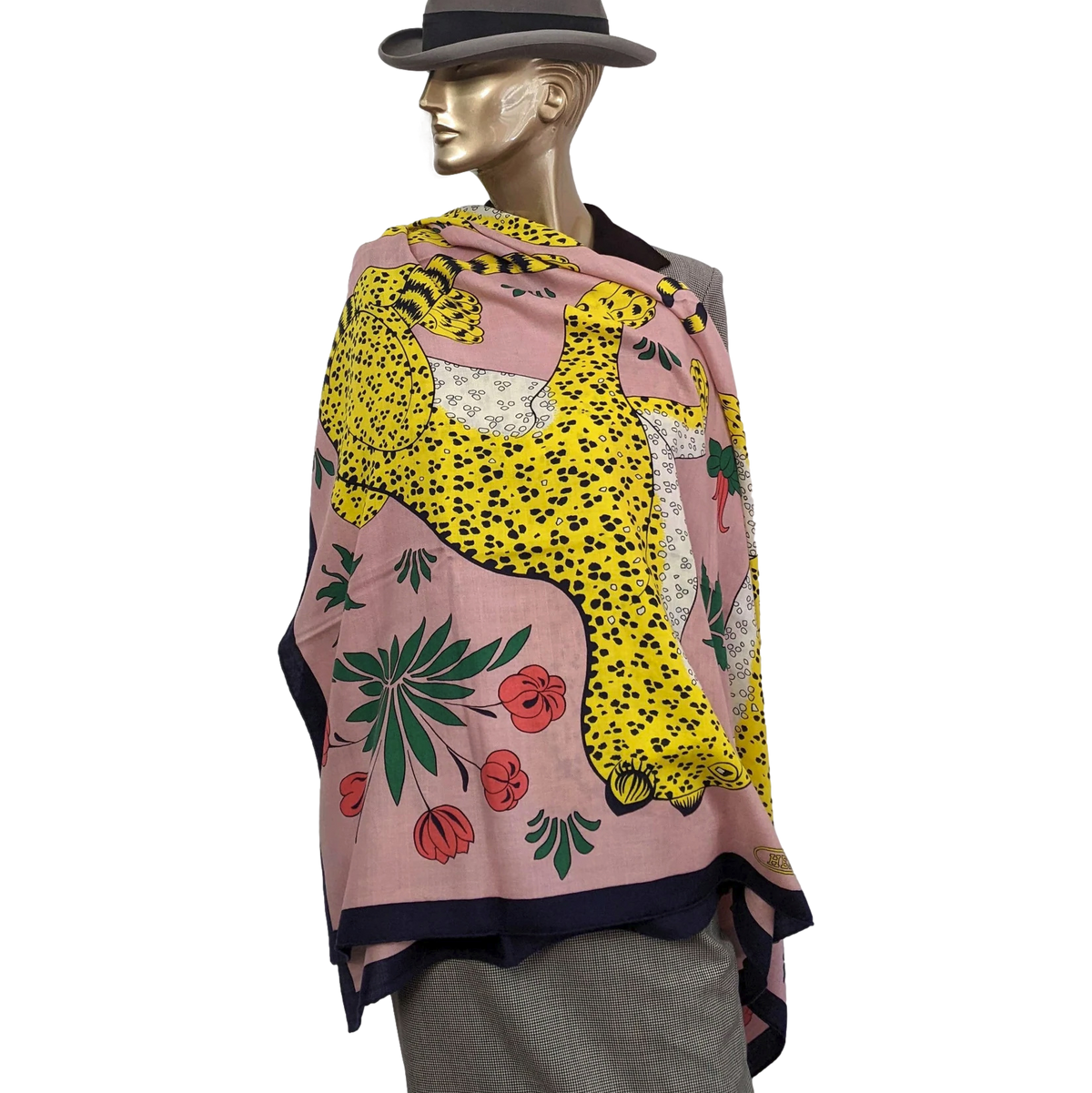 Produits Hermes [C212] Marine/Rose Buvard "Les Leopards" by Christiane Vauzelles Cashmere 140 cm