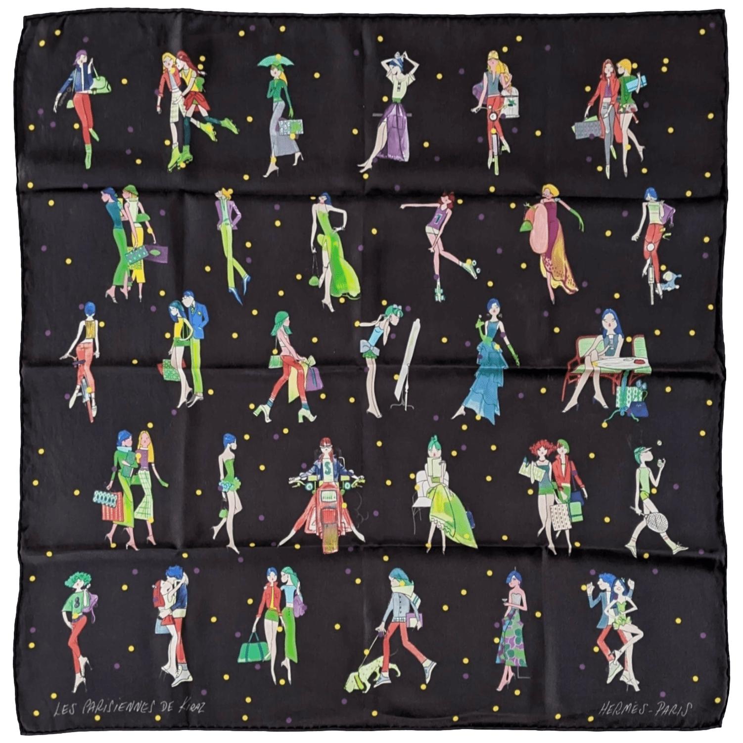 HERMES Black Les Parisiennes de Kiraz by Edmond Kiraz (Iranian artist) Carre 70 x 70 cm