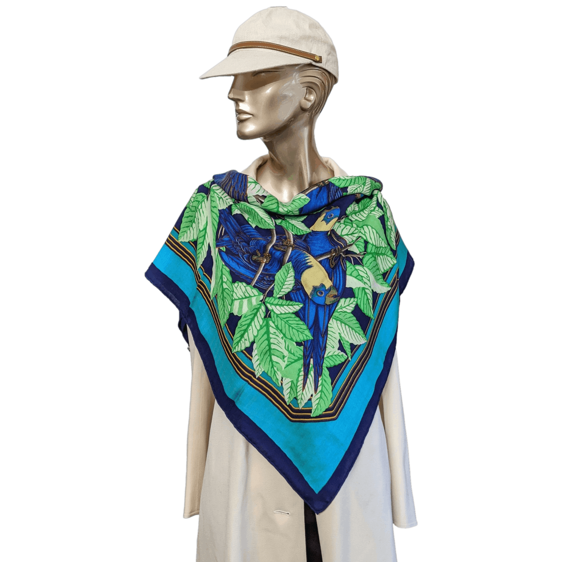 HERMES Les Perroquets Silk & Cashmere Scarf 90 