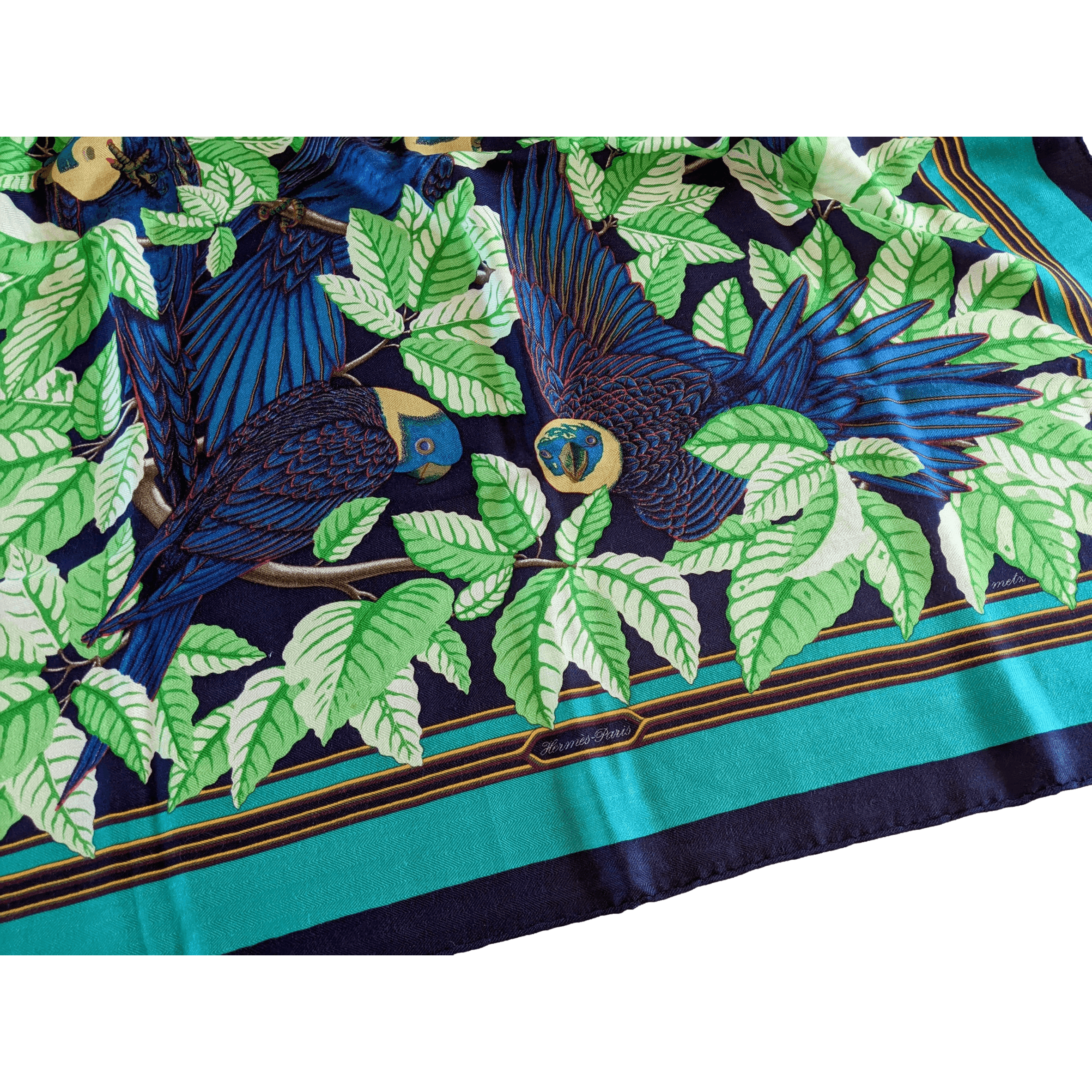HERMES Les Perroquets Silk & Cashmere Scarf 90 