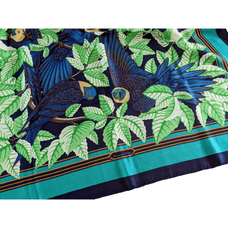 HERMES Les Perroquets Silk Cashmere Scarf 90 Joachim Metz Vintage
