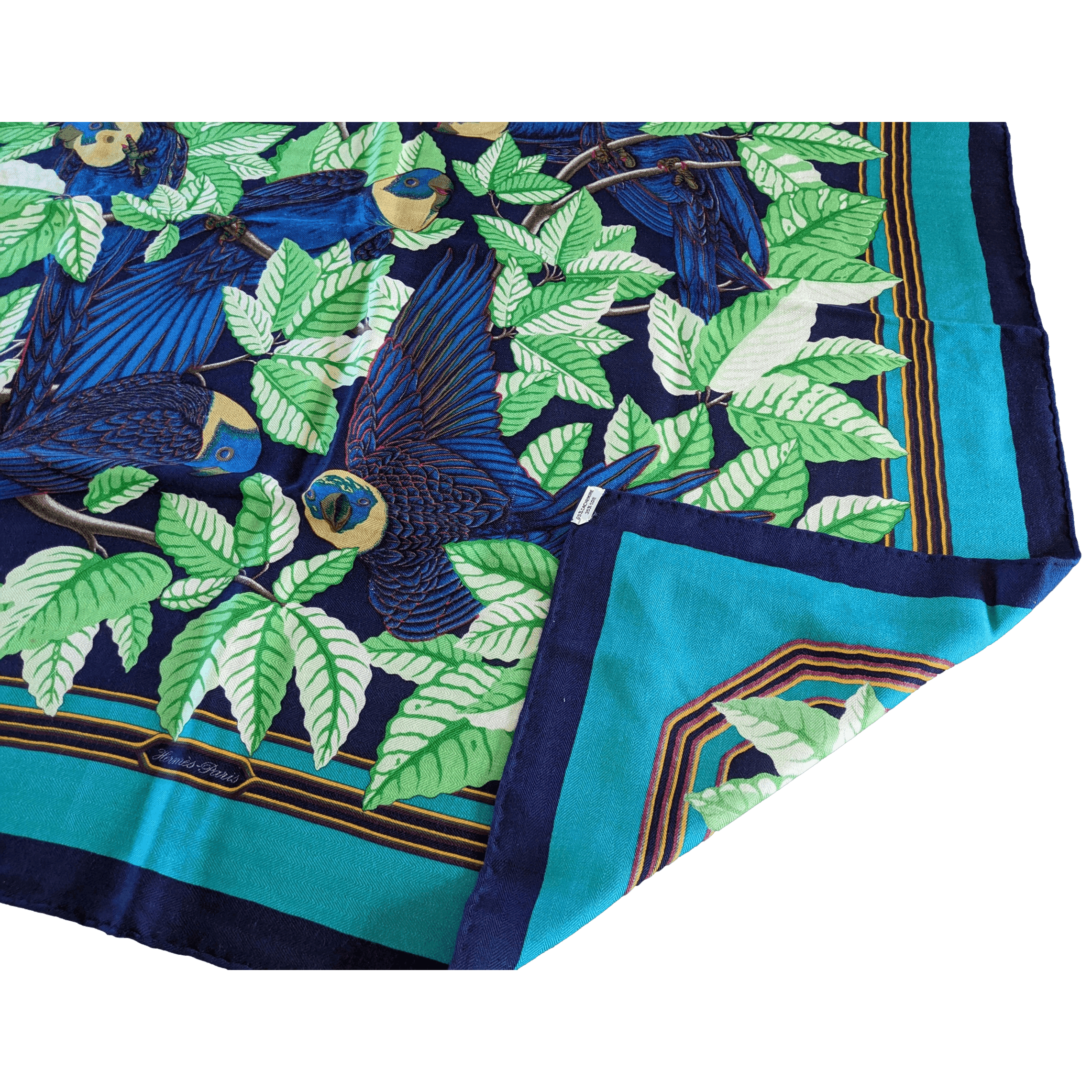 HERMES Les Perroquets Silk & Cashmere Scarf 90 