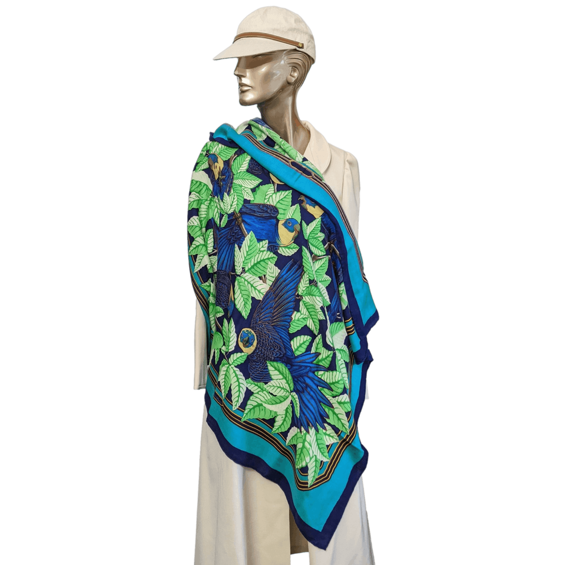 HERMES Les Perroquets Silk & Cashmere Scarf 90 
