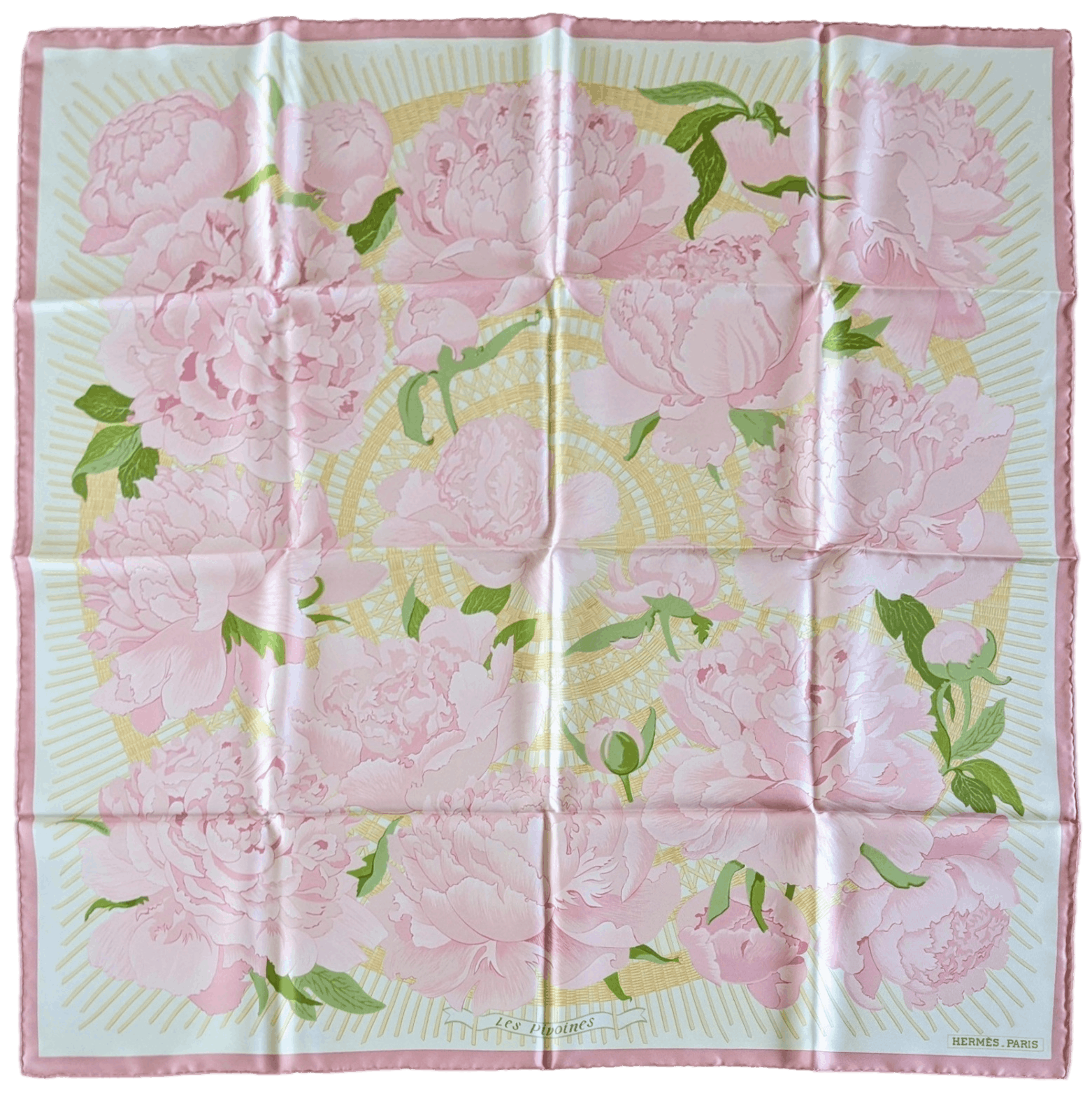 HERMES Les Pivoines Twill 90 Scarf Rose Pale/Vert
