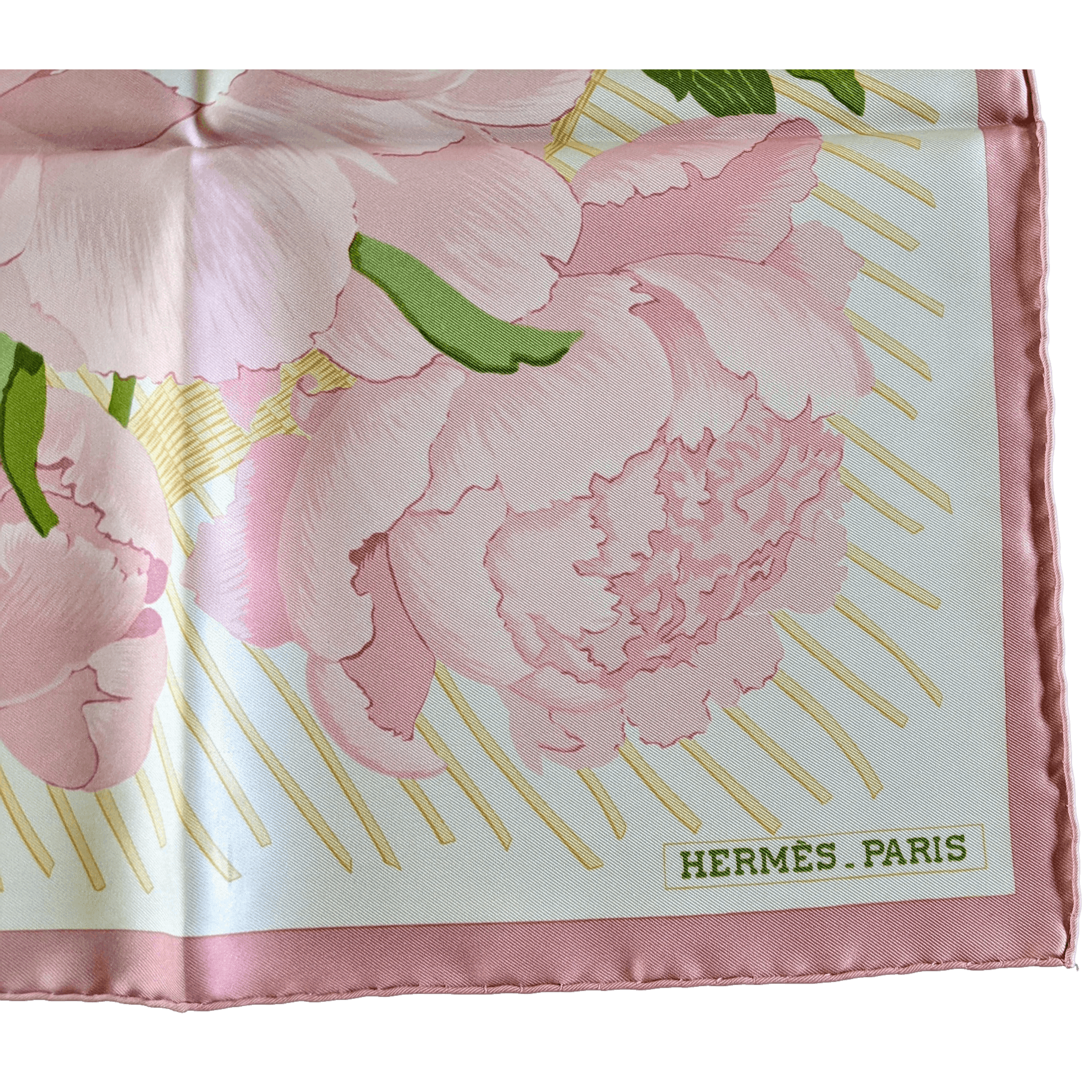 HERMES Les Pivoines Twill 90 Scarf Rose Pale/Vert