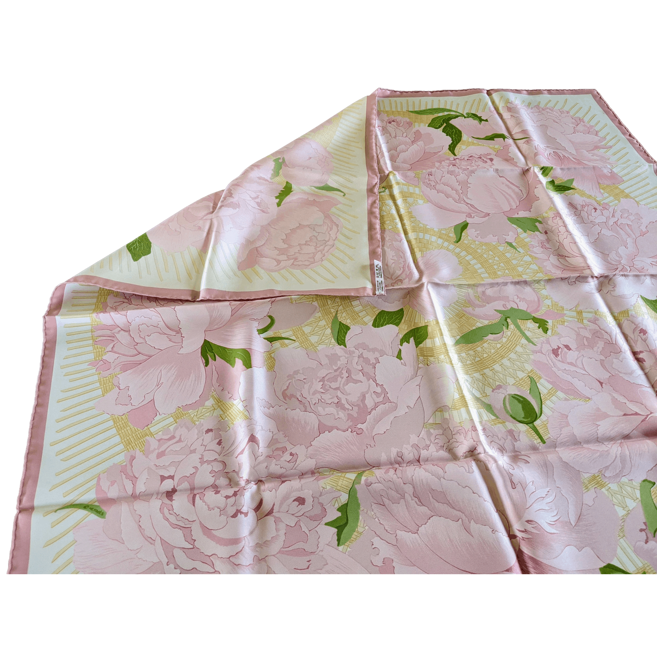 HERMES Les Pivoines Twill 90 Scarf Rose Pale/Vert