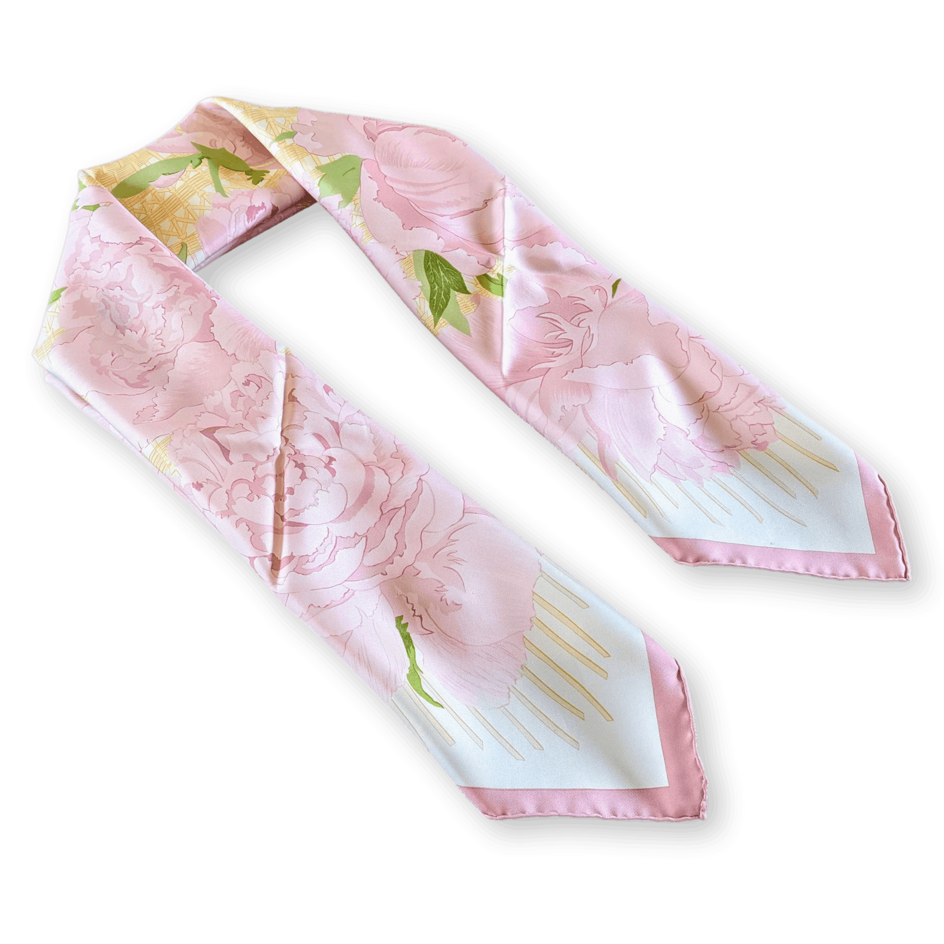 HERMES Les Pivoines Twill 90 Scarf Rose Pale/Vert