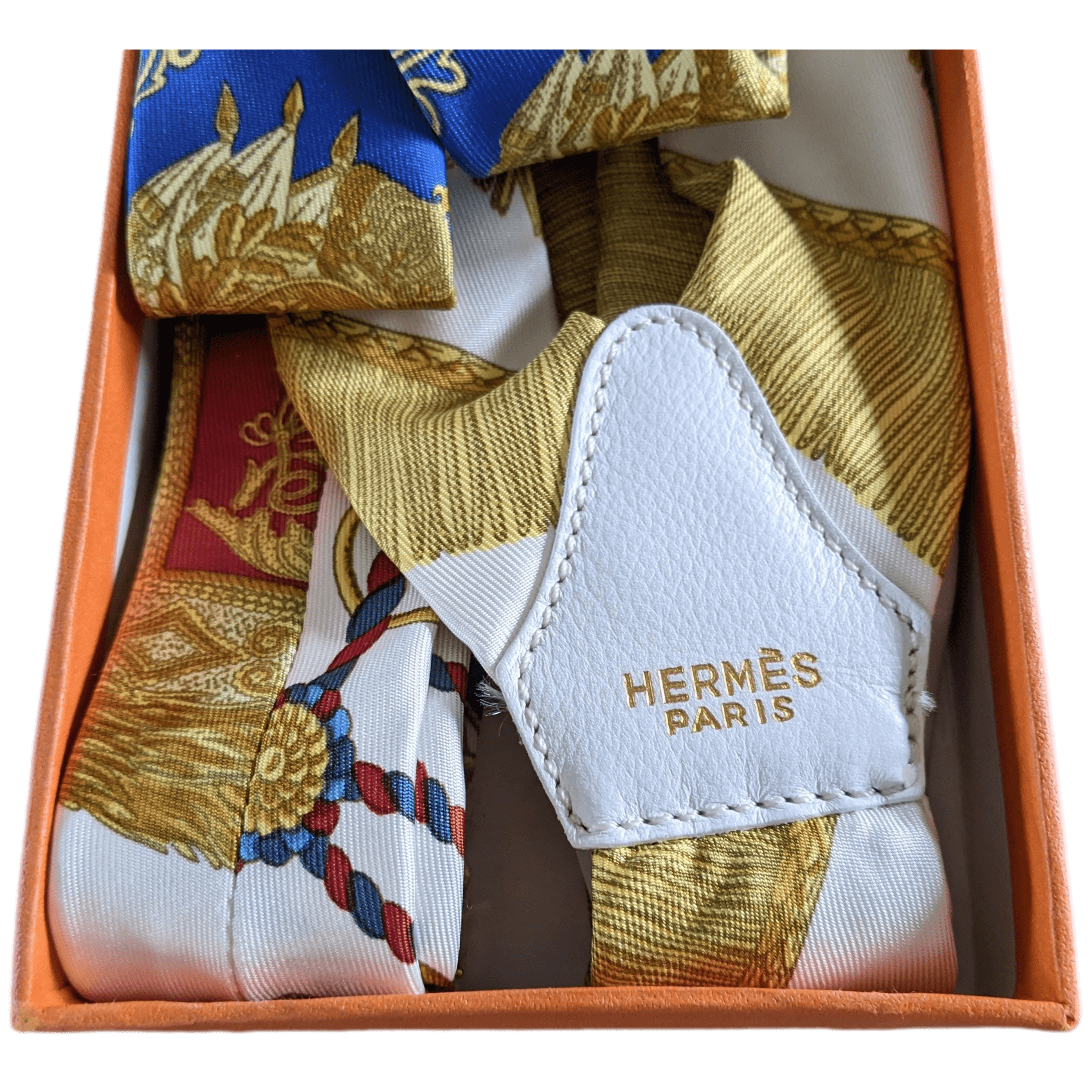 HERMES 1990's White/Gold Les Tambours Printed Twill Silk Adjustable Suspenders