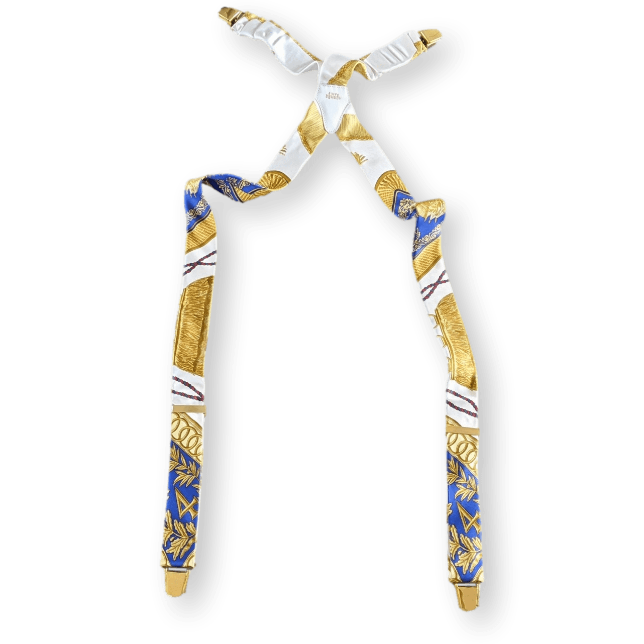 HERMES 1990's White/Gold Les Tambours Printed Twill Silk Adjustable Suspenders