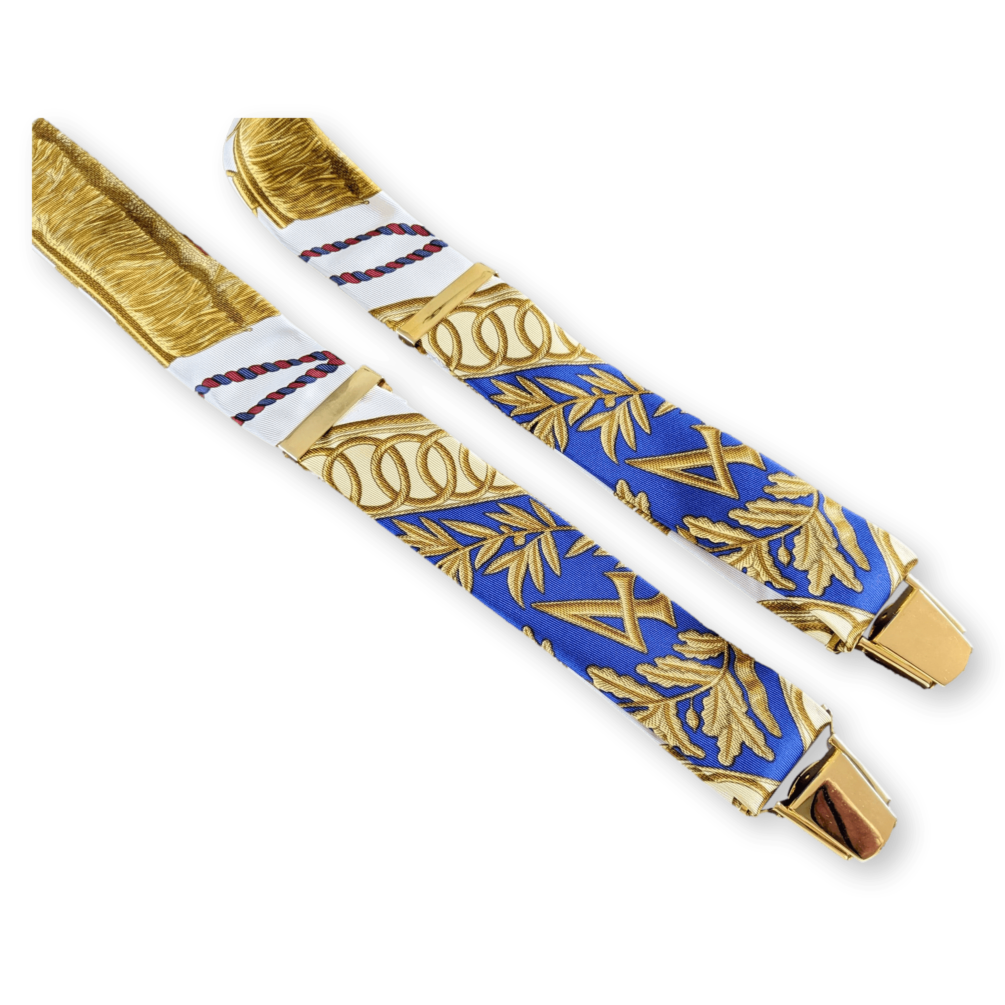 HERMES 1990's White/Gold Les Tambours Printed Twill Silk Adjustable Suspenders