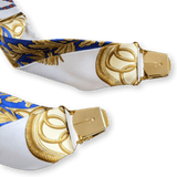 HERMES 1990's White/Gold Les Tambours Printed Twill Silk Adjustable Suspenders