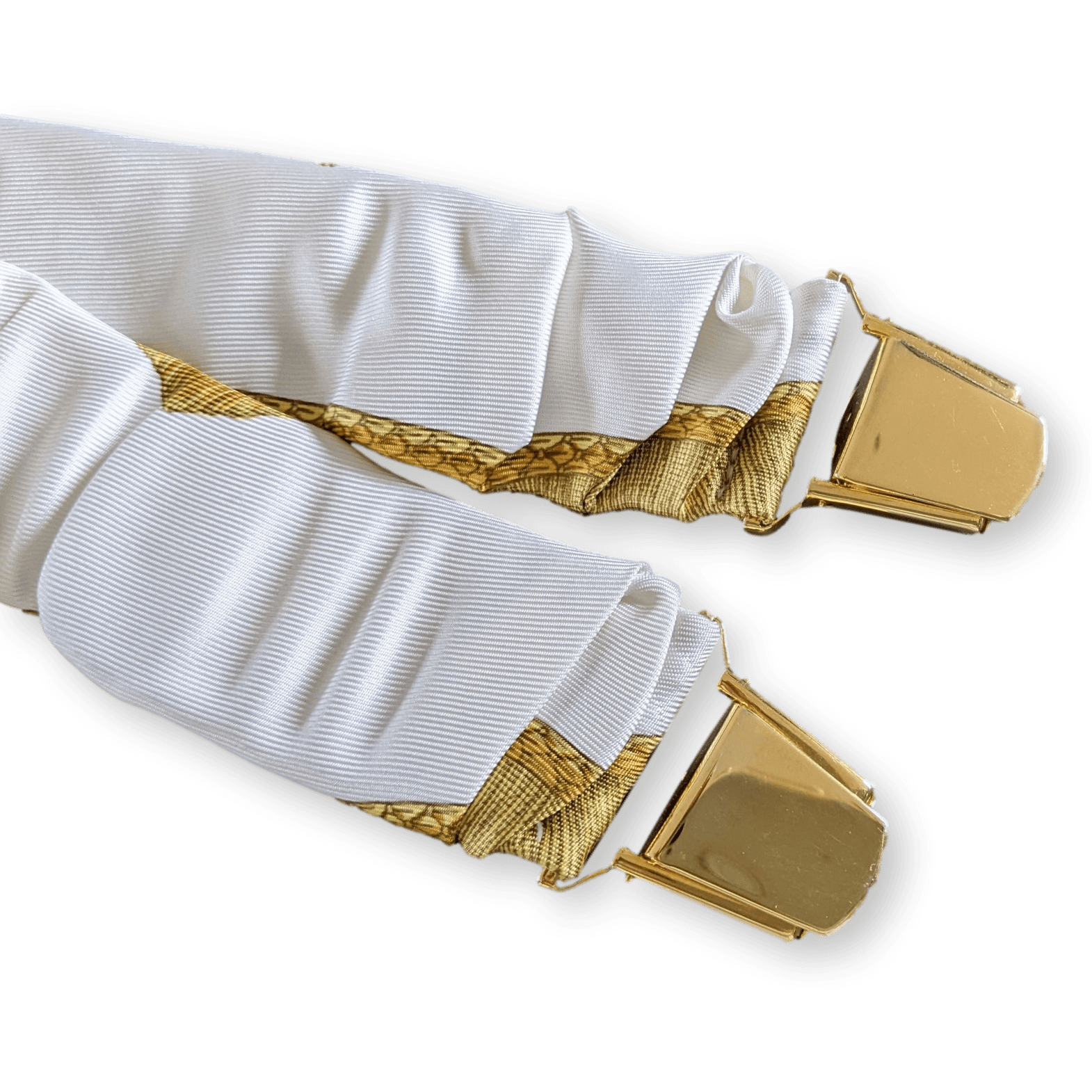 HERMES 1990's White/Gold Les Tambours Printed Twill Silk Adjustable Suspenders