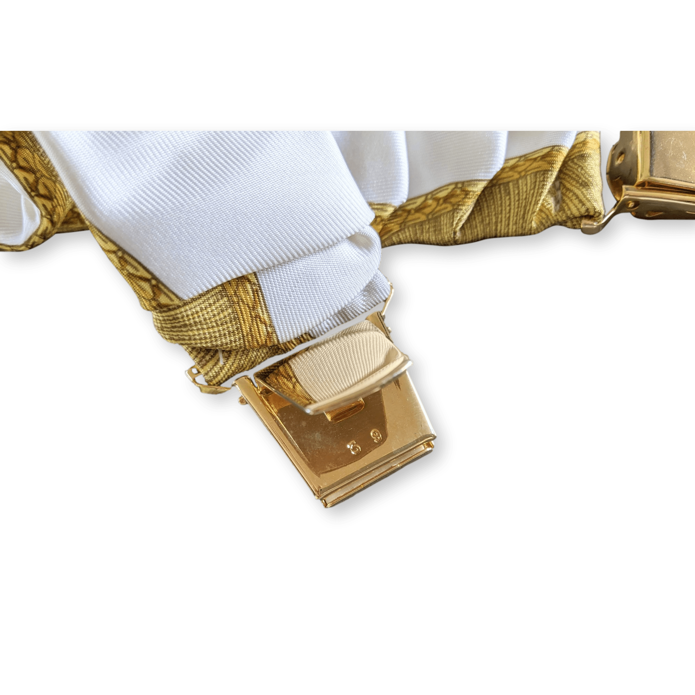 HERMES 1990's White/Gold Les Tambours Printed Twill Silk Adjustable Suspenders