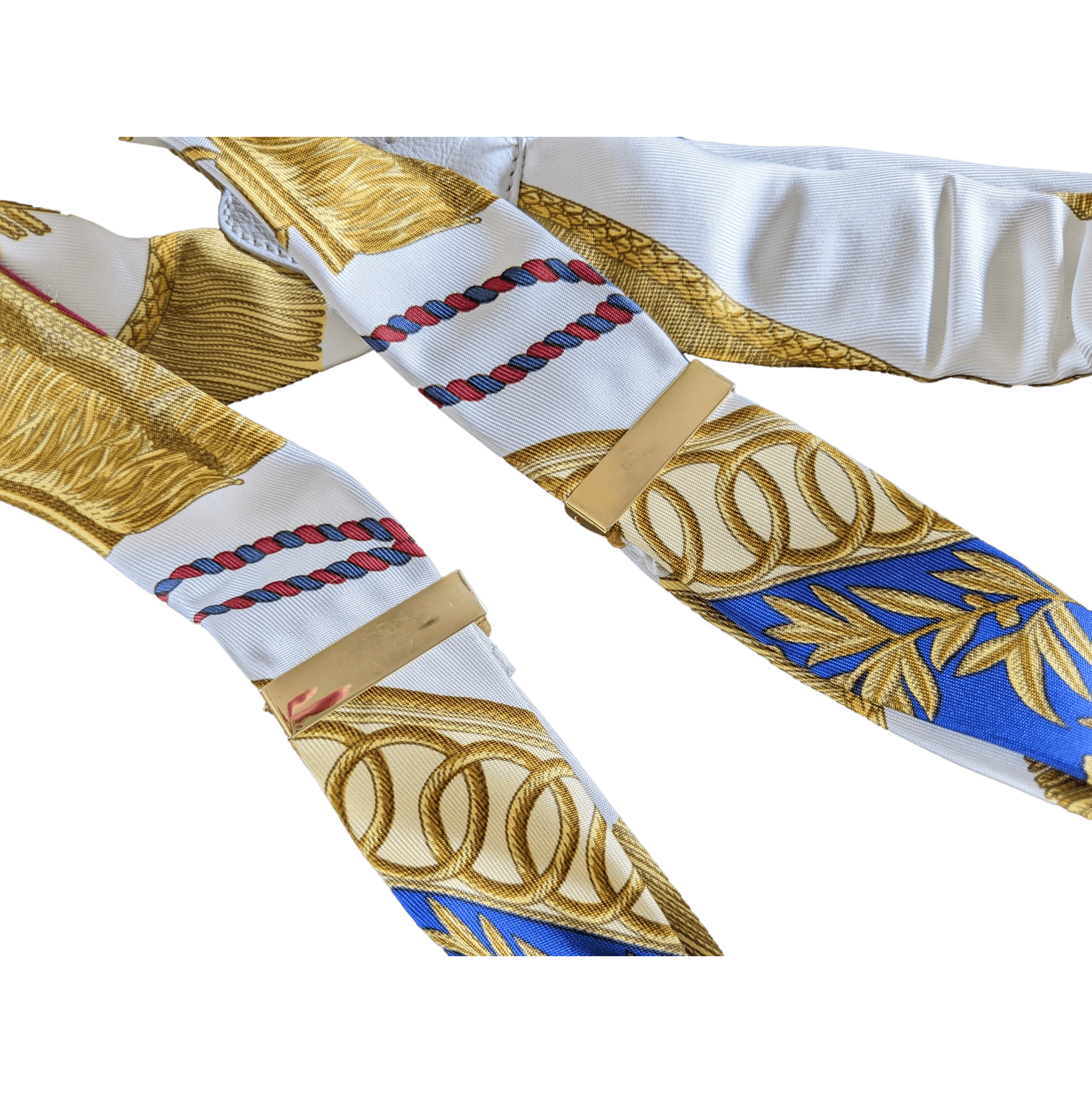 HERMES 1990's White/Gold Les Tambours Printed Twill Silk Adjustable Suspenders